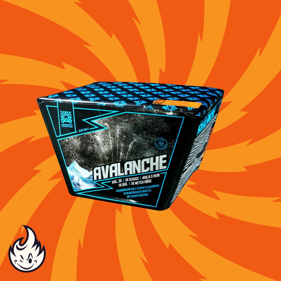 Ein schwarzer und blauer Argento Avalanche Kasten ist auf einem orangefarbenen Hintergrund mit wirbelnden Strahlen zentriert, mit einem kleinen Flammensymbol in der unteren linken Ecke.