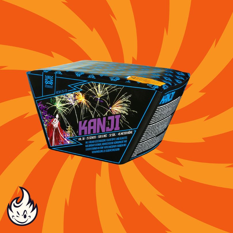 Ein Feuerwerkskasten mit der Aufschrift "Argento Kanji" mit bunten Feuerwerksbildern steht in der Mitte eines orangefarbenen Hintergrunds mit wirbelnden gelben Strahlen. Das Argento-Flammen-Cartoon-Logo erscheint in der unteren linken Ecke.