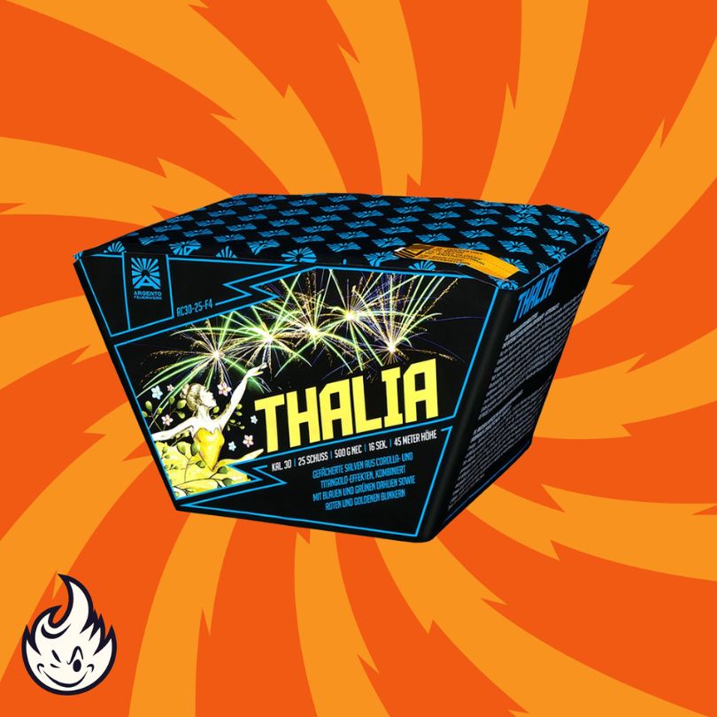 Eine schwarz-blaue Argento-Schachtel mit der Aufschrift "Thalia Z, Fan 25sh", mit Feuerwerkskunst, einer goldenen Figur und Details zum 30-mm-Kaliber auf orangefarbenem Hintergrund mit spiralförmigen Motiven und einem kleinen Flammensymbol.