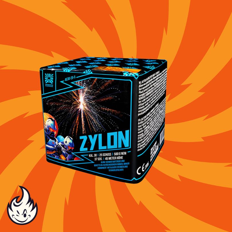 Eine würfelförmige Argento Zylon Feuerwerksdose von Argento mit farbenfrohen Grafiken auf orangem Hintergrund mit wirbelnden Strahlen und einem kleinen Flammenlogo in der linken unteren Ecke.