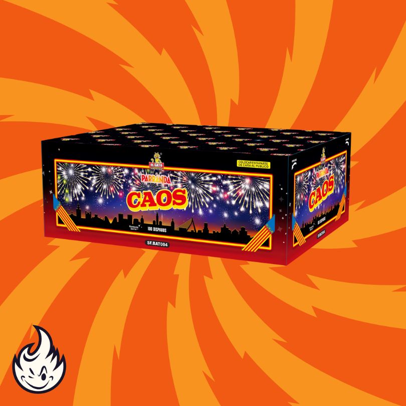 Eine Schachtel mit Feuerwerkskörpern von El Gato Parranda Caos zeigt farbenfrohe Explosionen und eine Stadtsilhouette mit dem Schriftzug "El Gato" auf einer orangefarbenen Verpackung mit wirbelnden Mustern und einem kleinen Flammensymbol in der Ecke.