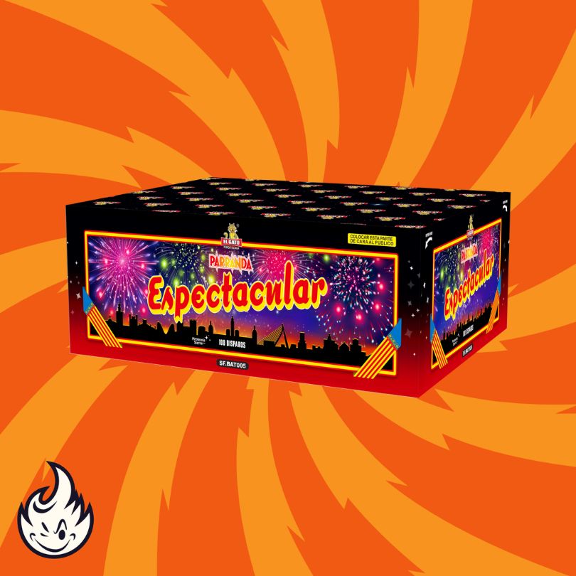 Die leuchtende Feuerwerksdose "El Gato Parranda Espectacular" von El Gato zeigt leuchtende Feuerwerksgrafiken auf einem orangefarbenen, spiralförmigen Hintergrund mit einem kleinen Flammenlogo in der unteren linken Ecke.
