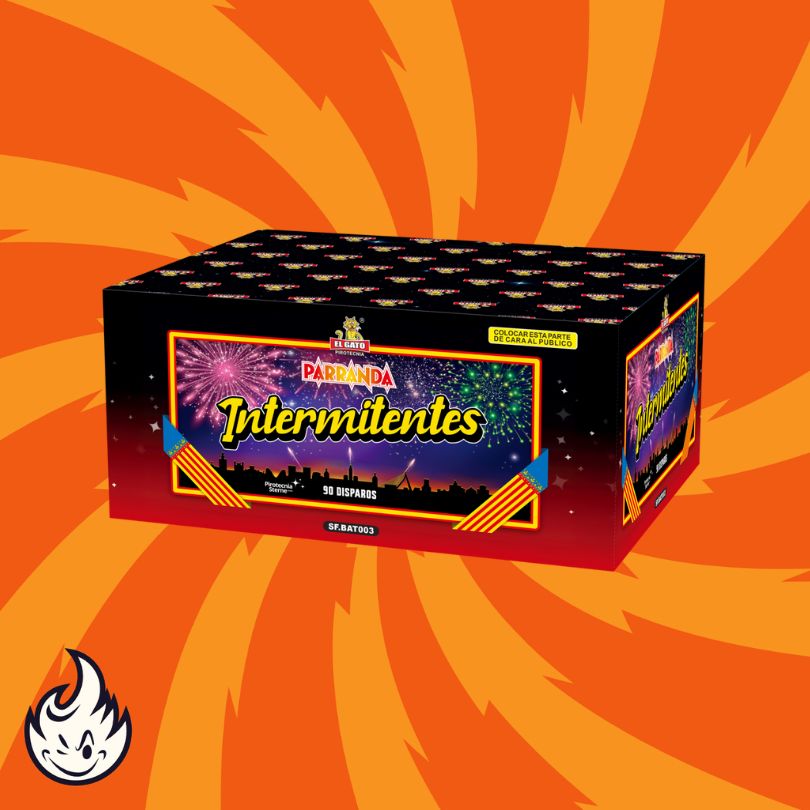 Die leuchtende Feuerwerksdose "El Gato Parranda Intermitentes" von El Gato zeigt ein Feuerwerk am Nachthimmel vor einem orangefarbenen Hintergrund mit gelben Strahlen und einem kleinen Flammenlogo in der Ecke.