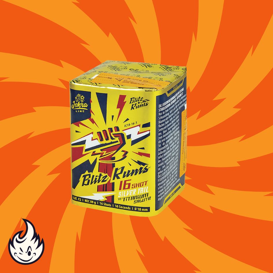 Eine leuchtende Iskra Blitz Rums 16sh Feuerwerksbox von Iskra ist auf einem orange-gelben Spiralhintergrund zentriert. Kräftige Grafiken, Blitze und ein silberner Schweif mit Titansalut-Effekten machen dieses 16-schüssige Feuerwerk zu einem echten Hingucker.