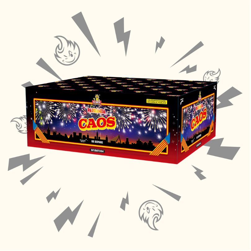 Eine rechteckige Feuerwerksdose mit der Aufschrift "El Gato Parranda Caos" von El Gato zeigt bunte Feuerwerkskörper über einer Stadtsilhouette, umgeben von Cartoon-Rauch und Funkenillustrationen.