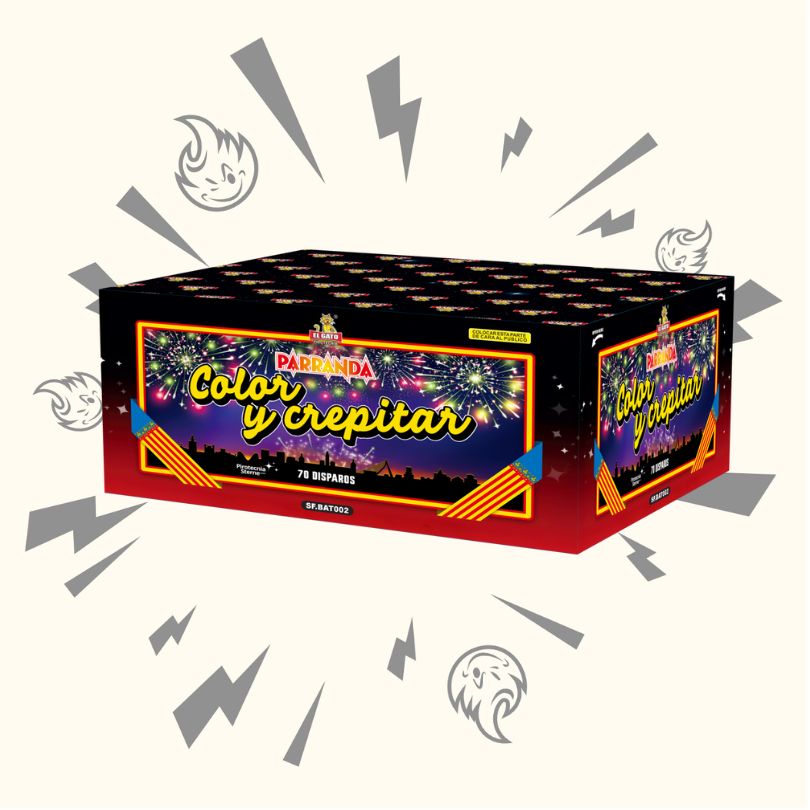 Rechteckige Schachtel mit El Gato Parranda Color y Crepitar Feuerwerkskörpern, die ein Feuerwerk am Nachthimmel zeigen und von grauen Cartoon-Funken und -Gesichtern auf einem cremefarbenen Hintergrund umgeben sind. Marke: El Gato.