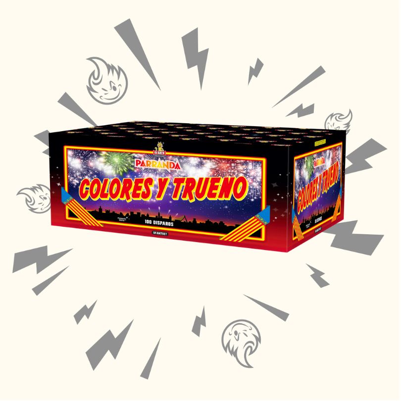 Die rechteckige Feuerwerksdose El Gato Parranda Colores y Trueno von El Gato zeigt bunte Motive, Feuerwerksgrafiken, Blitze und Cartoon-Gesichter auf hellem Hintergrund.
