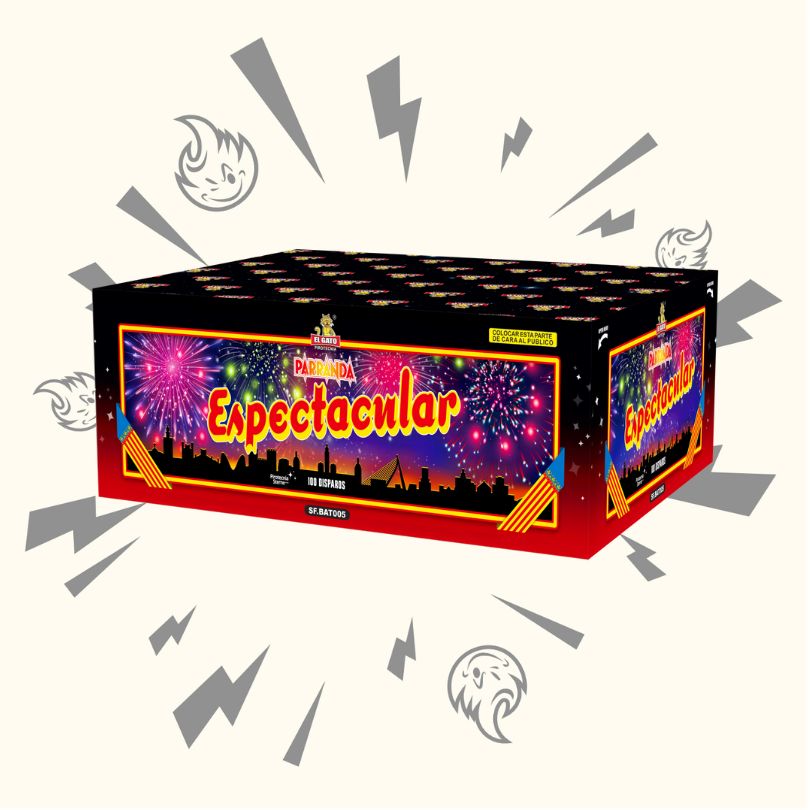 Die "El Gato Parranda Espectacular" von El Gato ist ein schwarzer Feuerwerkskasten mit roten und gelben Akzenten, der eine lebendige Feuerwerksgrafik zeigt und von Cartoon-Explosions- und Starburst-Illustrationen umgeben ist.