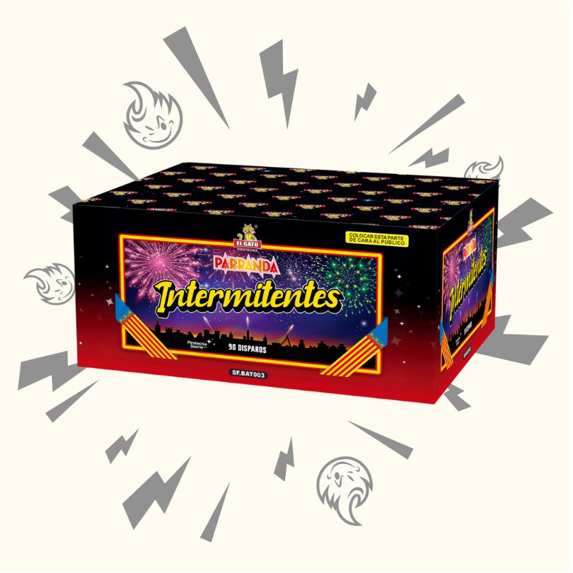 Eine farbenfrohe Feuerwerksdose "El Gato Parranda Intermitentes" von El Gato mit Feuerwerkskörpern und einer Stadtsilhouette, mit grauen Cartoons und lächelnden Gesichtern rund um die Dose vor einem hellen Hintergrund.