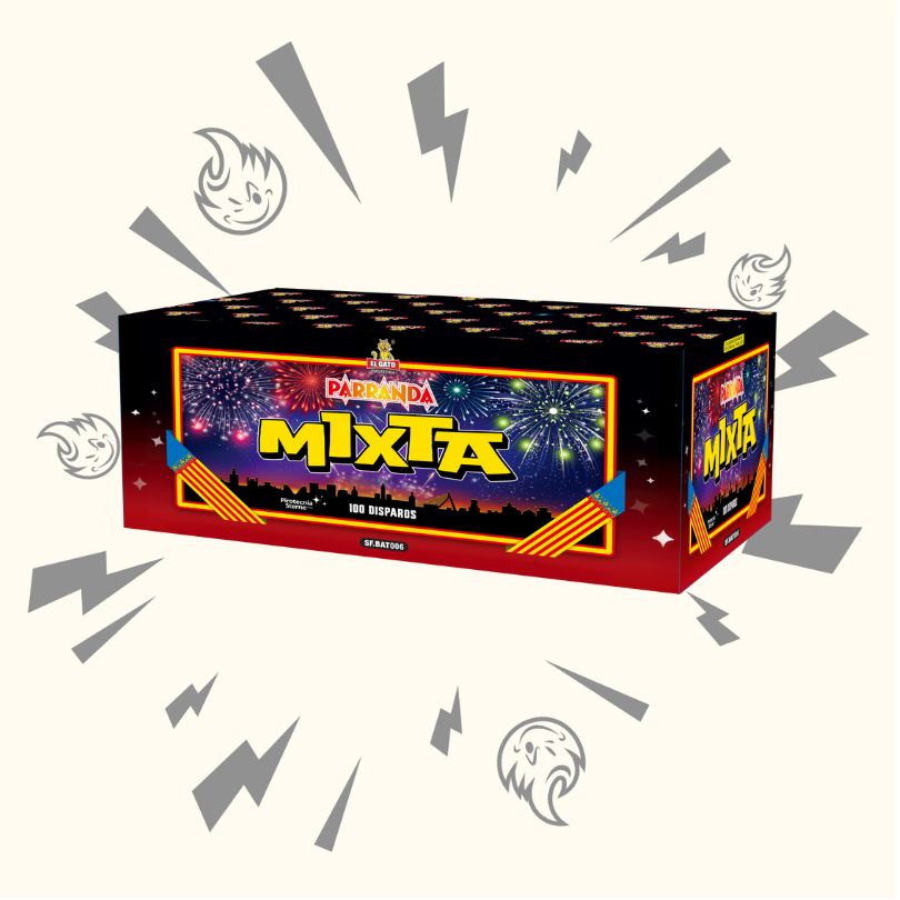 Eine lebendige Feuerwerksdose mit der Aufschrift "El Gato Parranda Mixta" von El Gato zeigt Bilder von nächtlichen Feuerwerken und verspielte Funken- und Explosionsgrafiken in Grautönen auf dem Hintergrund.
