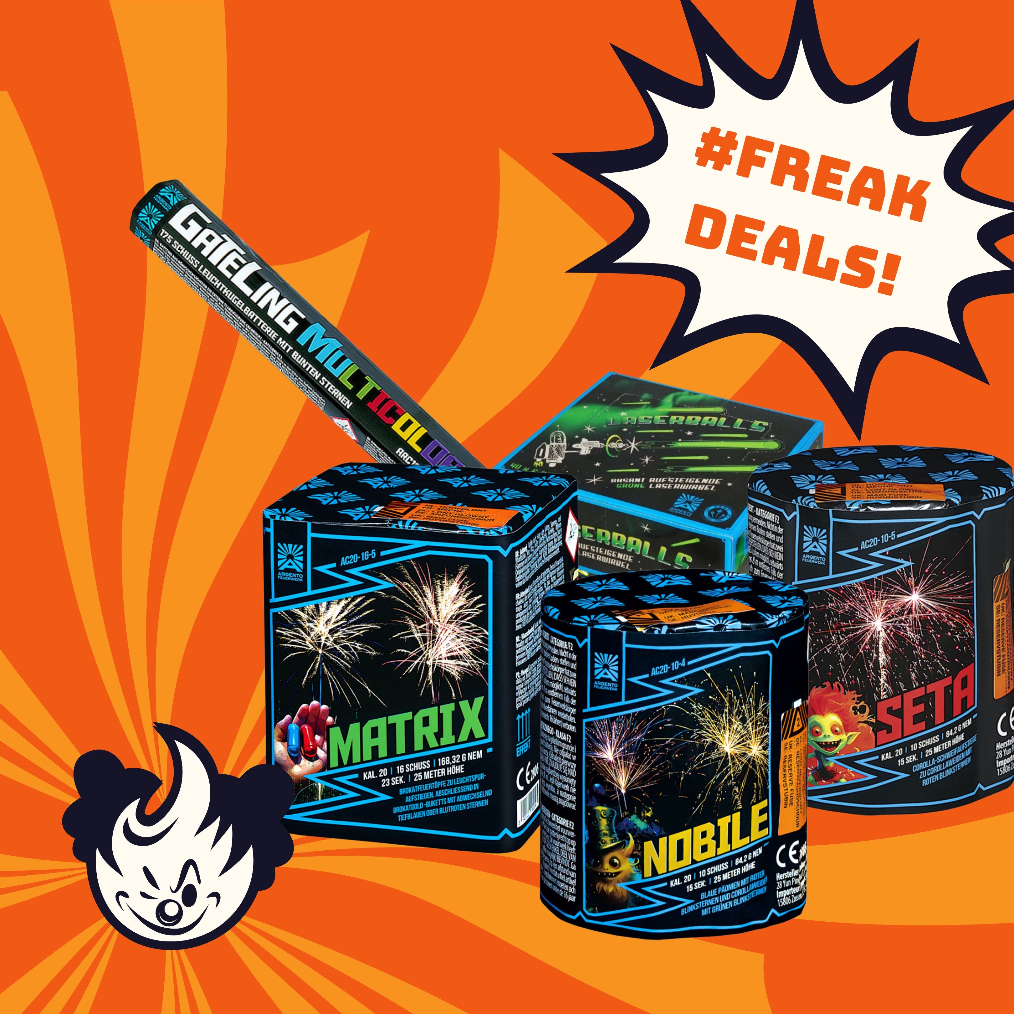 Argentos #FREAKDEAL 🤡 Budget Freak-Feuerwerk, darunter Matrix, Nobile, Feseta und Multicolor Saffeling, wird auf einem orangefarbenen Explosionshintergrund mit einem Cartoon-Clowngesicht und einem Sternenexplosion gezeigt, die „Outletpreis Budget Freak-Deal!“ schreit.