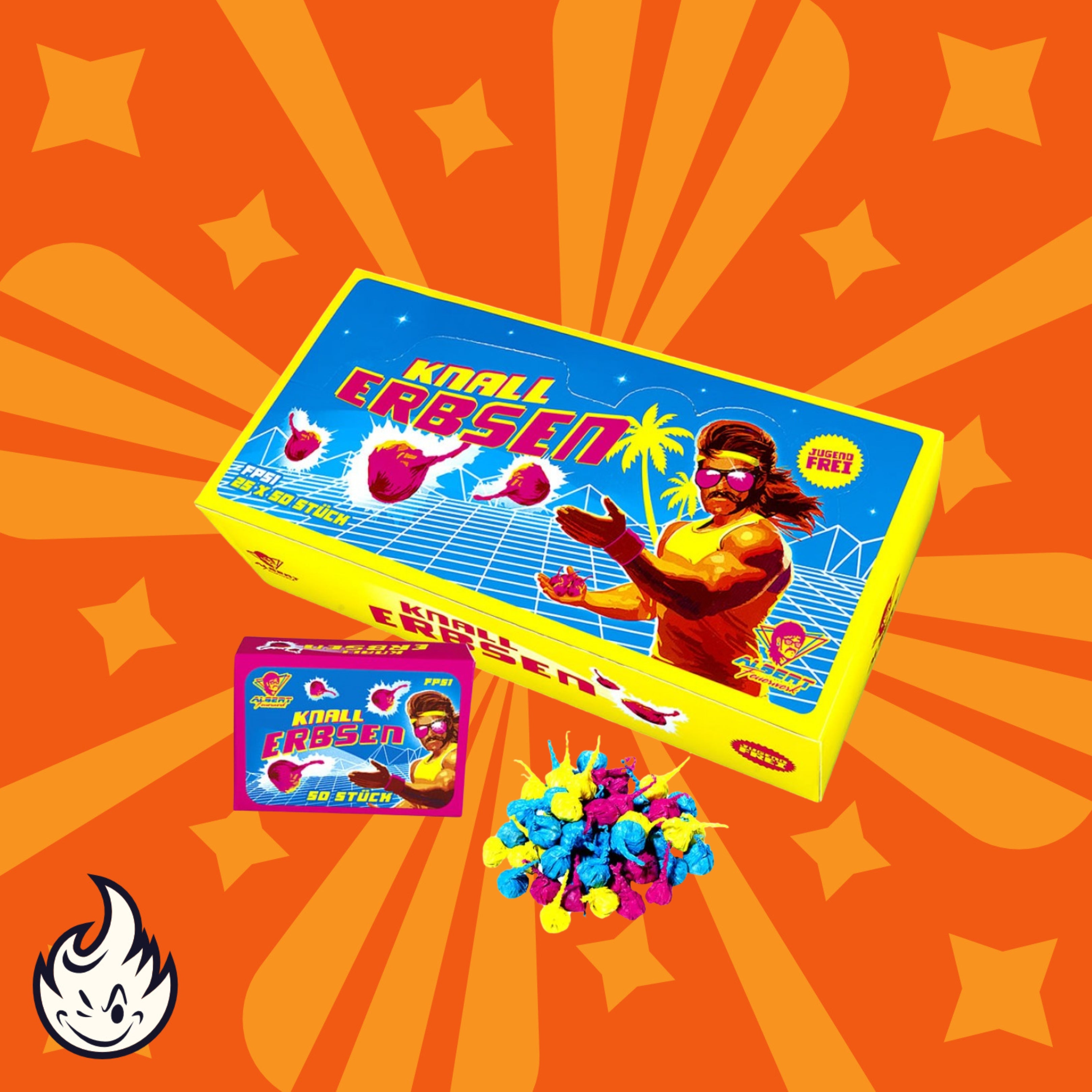Ein lebendiges Bild im Comic-Stil zeigt das Albert Neon Knallerbsen F1 Display von Albert, eine kleinere Packung und bunte Feuerwerkskörper auf orangefarbenem Hintergrund mit gelben Sternenexplosionen und einem Flammensymbol in der Ecke.