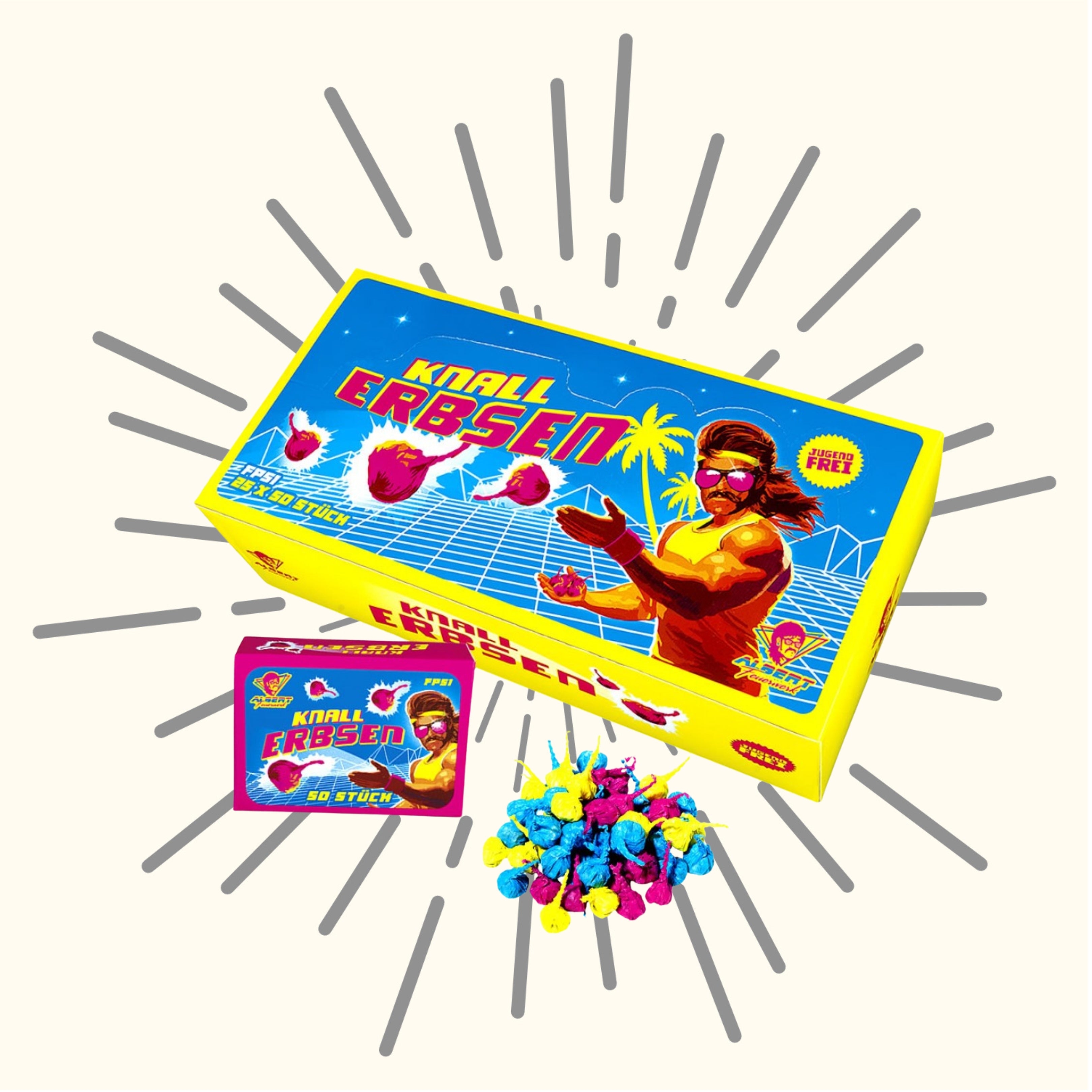 Ein lebendiges Albert Neon Knallerbsen F1-Display von Albert besteht aus einer bunten Schachtel mit einem illustrierten Mann, einer kleineren passenden Packung und einem Stapel neonverpackter Feuerwerkskörper auf einem hellen Hintergrund mit geplatzten Linien.