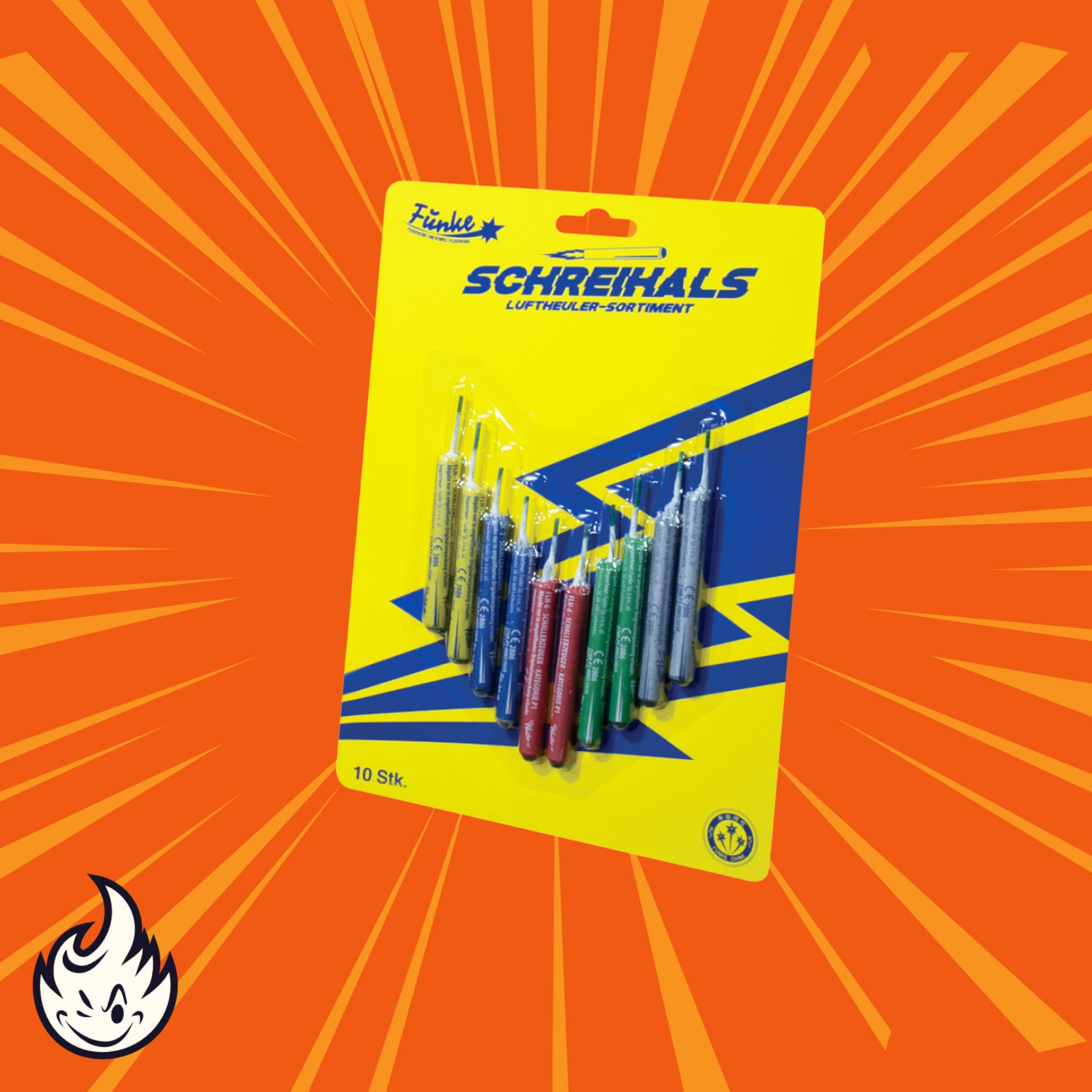 Das Funke Schreihals 10er Pack P1 von Funke beinhaltet zehn Stifte in Blau, Grün, Rot und Schwarz auf einer gelb-blauen Karte mit orange strahlendem Hintergrund und Flammenlogo – ideal für 5-Farben-Effekte.