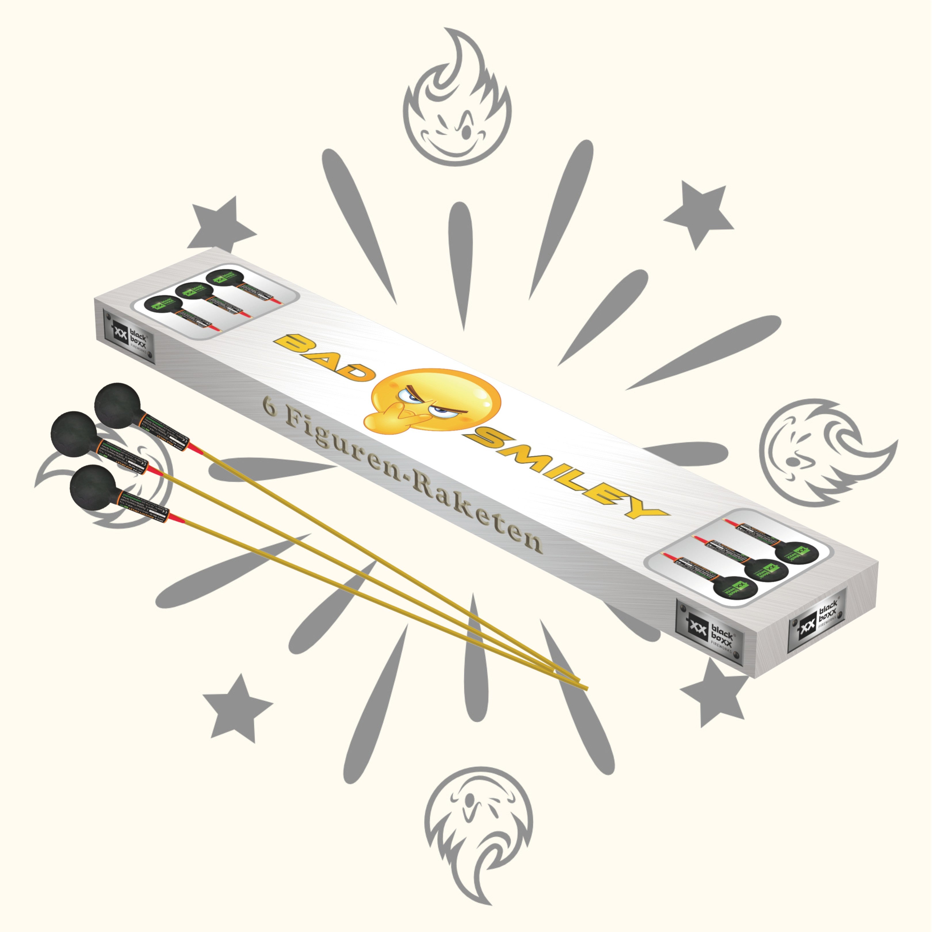 Das Blackboxx Bad Smiley Kugelraketen 6er Pack enthält sechs Raketenfeuerwerkskörper mit einem wütenden Emoji-Gesicht auf der Schachtel. Die Verpackung, geöffnet und geschlossen dargestellt, ist von grauen Sternen und Flammensymbolen auf hellem Hintergrund umgeben.