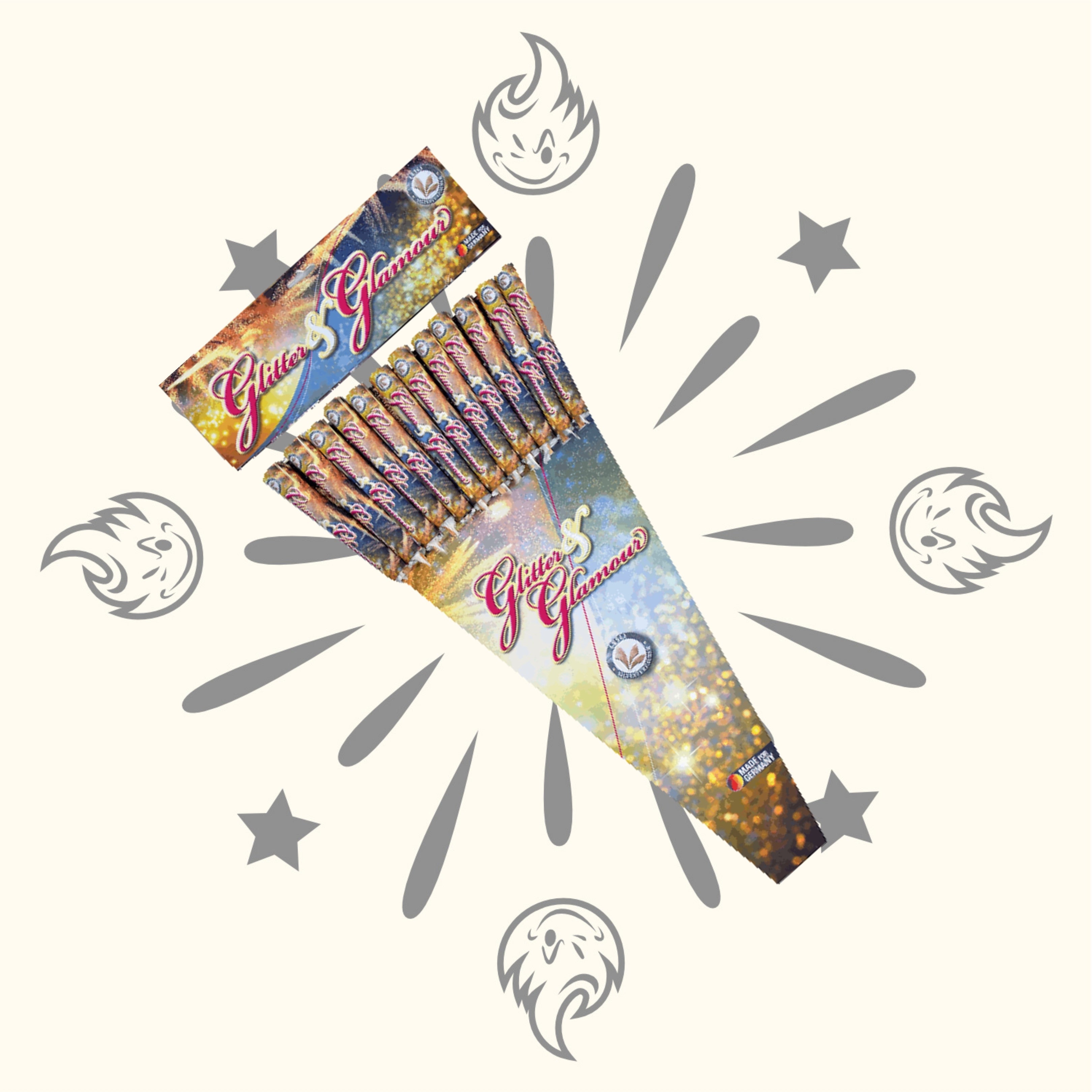 Eine fächerförmige Packung Lesli Glitter And Glamour Raketen 12er-Feuerwerk von Lesli mit leuchtenden Stäben, die auf einem cremefarbenen Hintergrund mit Sternen- und Flammendesign aufgefächert sind, bringt zusätzlichen Glanz in Ihre Feier.