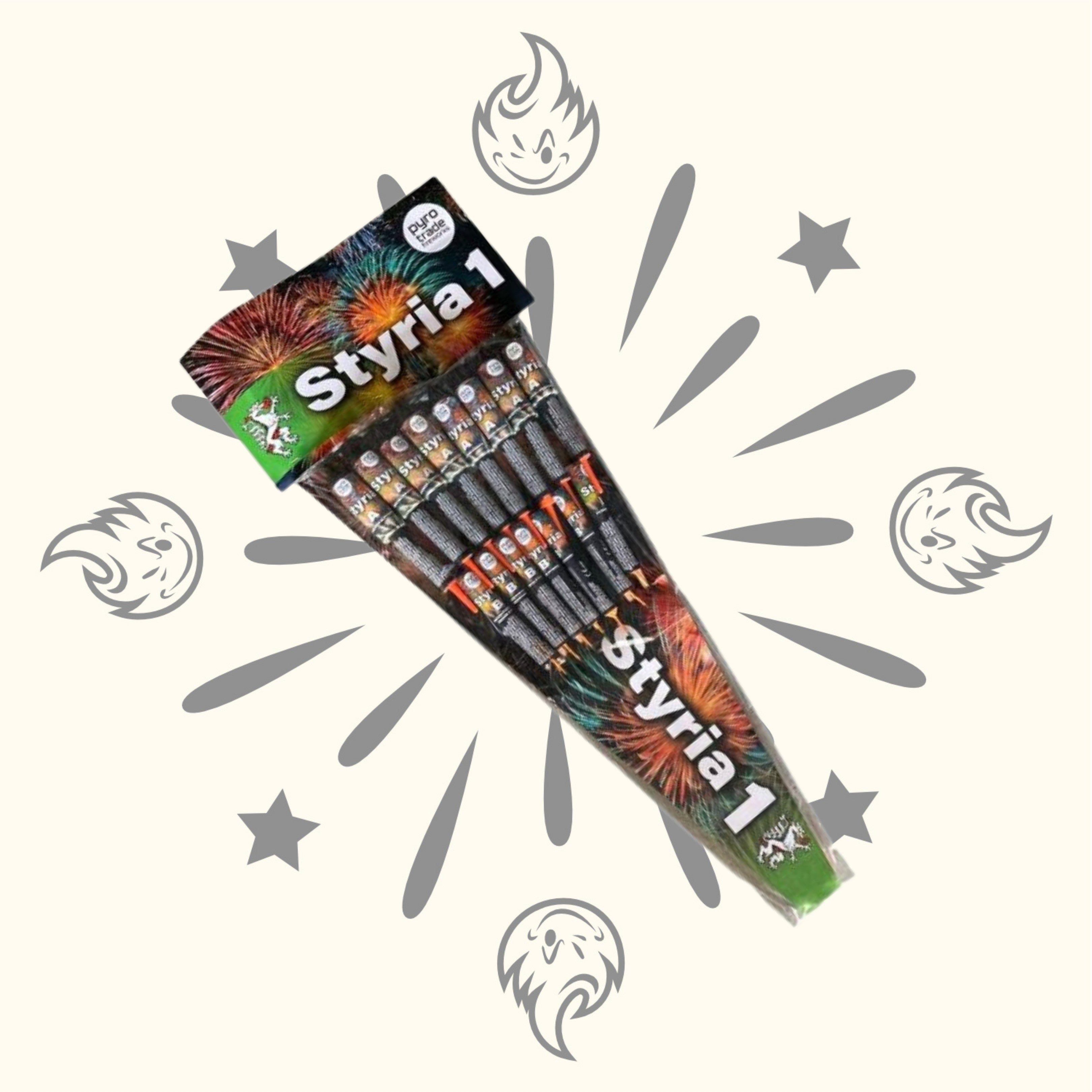 Ein 12er-Pack PGE Pyrotrade Styria 2 Silvesterraketen-Feuerwerksraketen, fächerförmig angeordnet, auf einem hellen Hintergrund mit Sternenexplosions- und Flammengrafiken dargestellt.