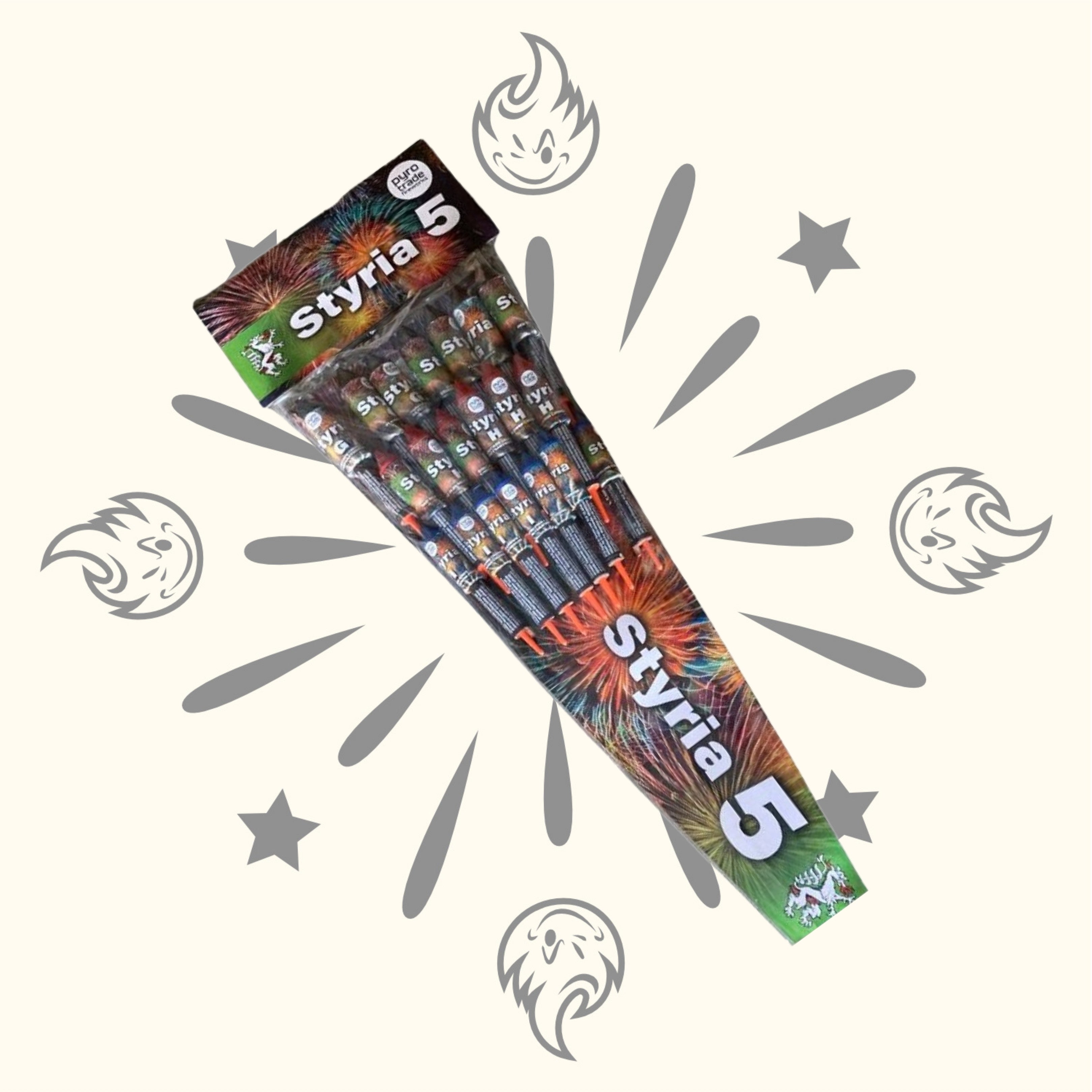 Eine 20er-Packung PGE Pyrotrade Styria 5 Silvesterraketen, aufgefächert auf einem cremefarbenen Hintergrund mit dezenter Stern- und Flammengrafik dahinter.