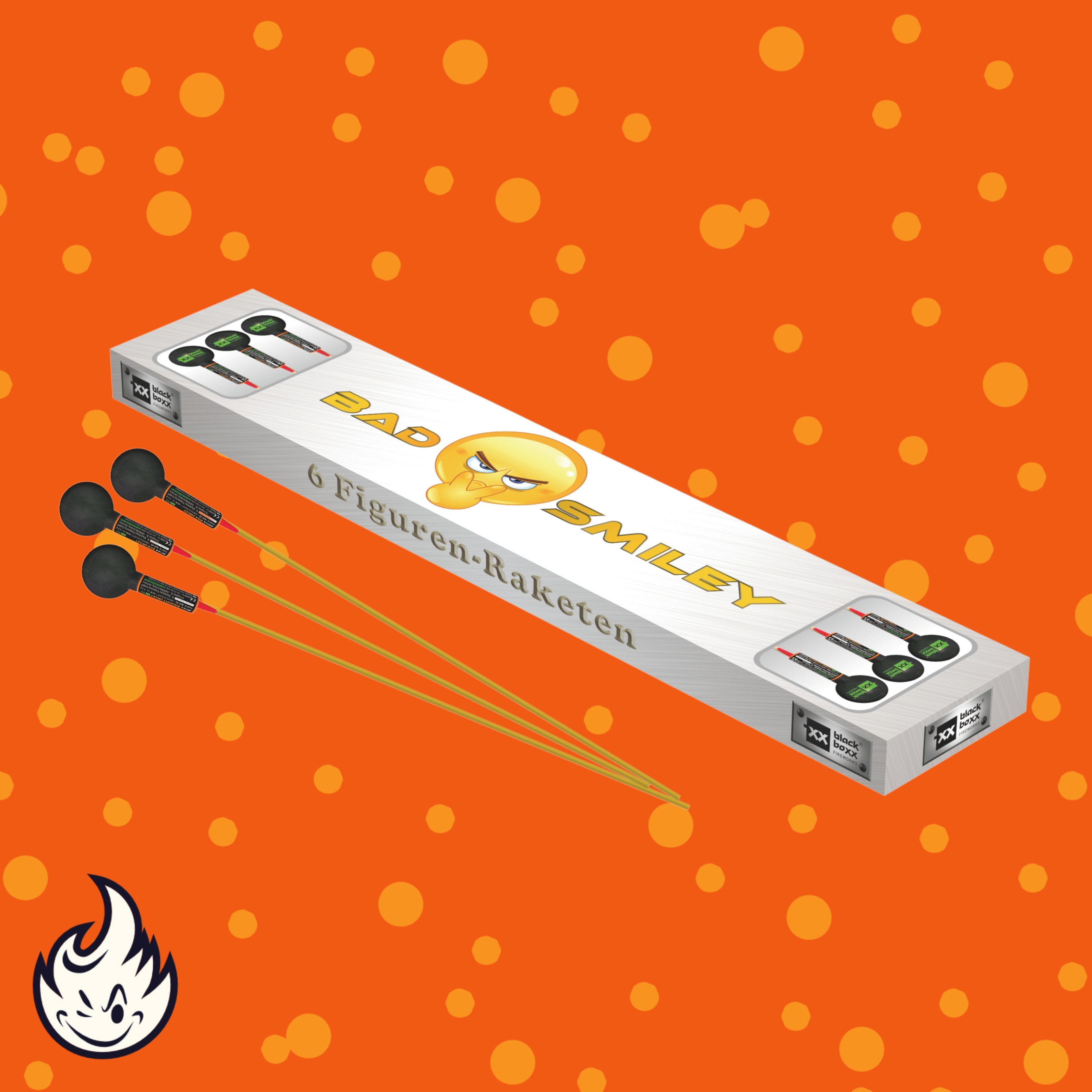 Eine rechteckige Box mit der Aufschrift „Blackboxx Bad Smiley Kugelraketen 6er Pack“ liegt auf einem orangefarbenen Hintergrund mit gelben Punkten. Drei Raketen mit schwarzen Spitzen und gelben Stäben befinden sich neben der Box, und in der unteren linken Ecke befindet sich ein Flammensymbol.