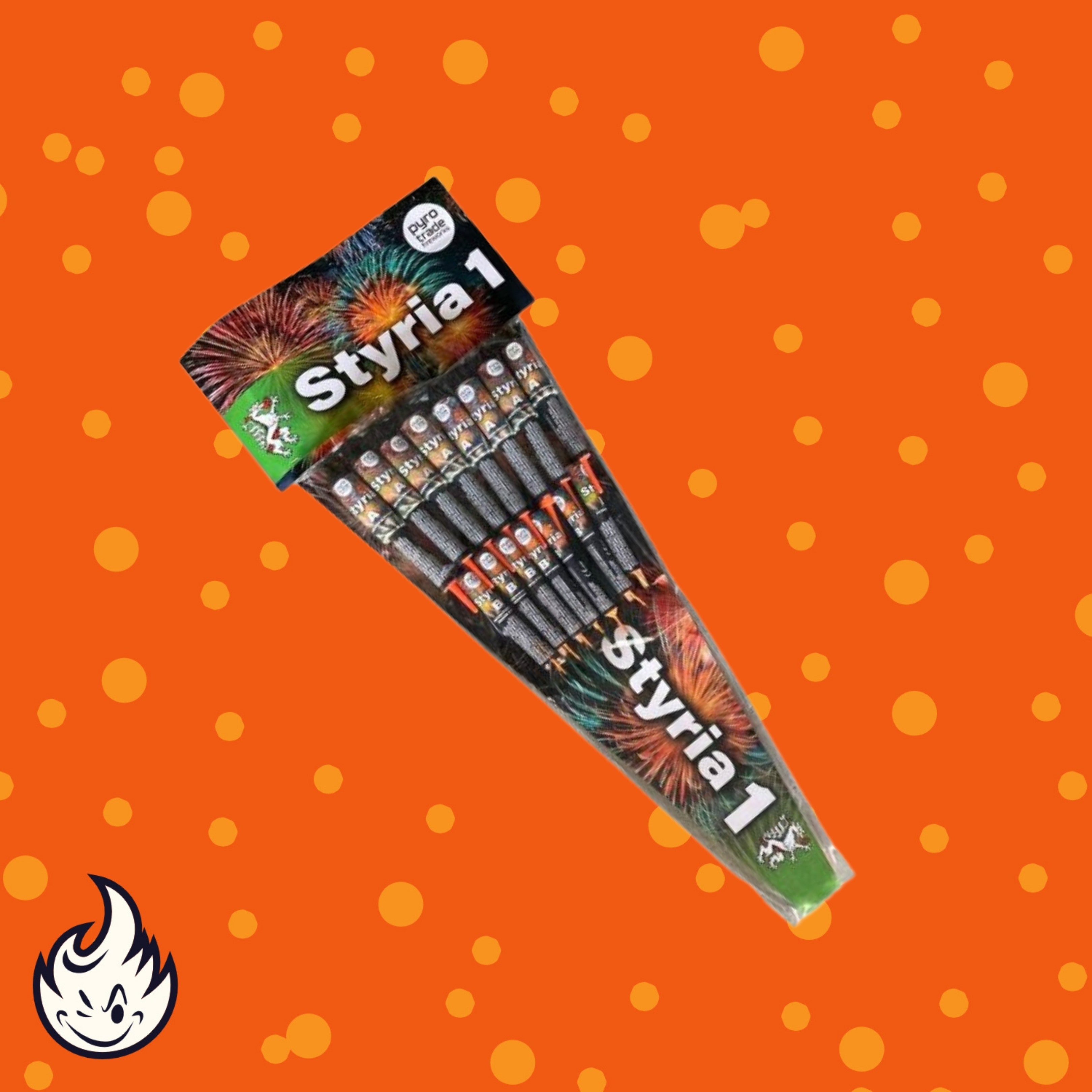 Eine 15er-Packung PGE Pyrotrade Styria 1 Silvesterraketen ist auf einem orangefarbenen Hintergrund mit gelben Punkten abgebildet, mit einem weißen Flammenlogo in der unteren linken Ecke.