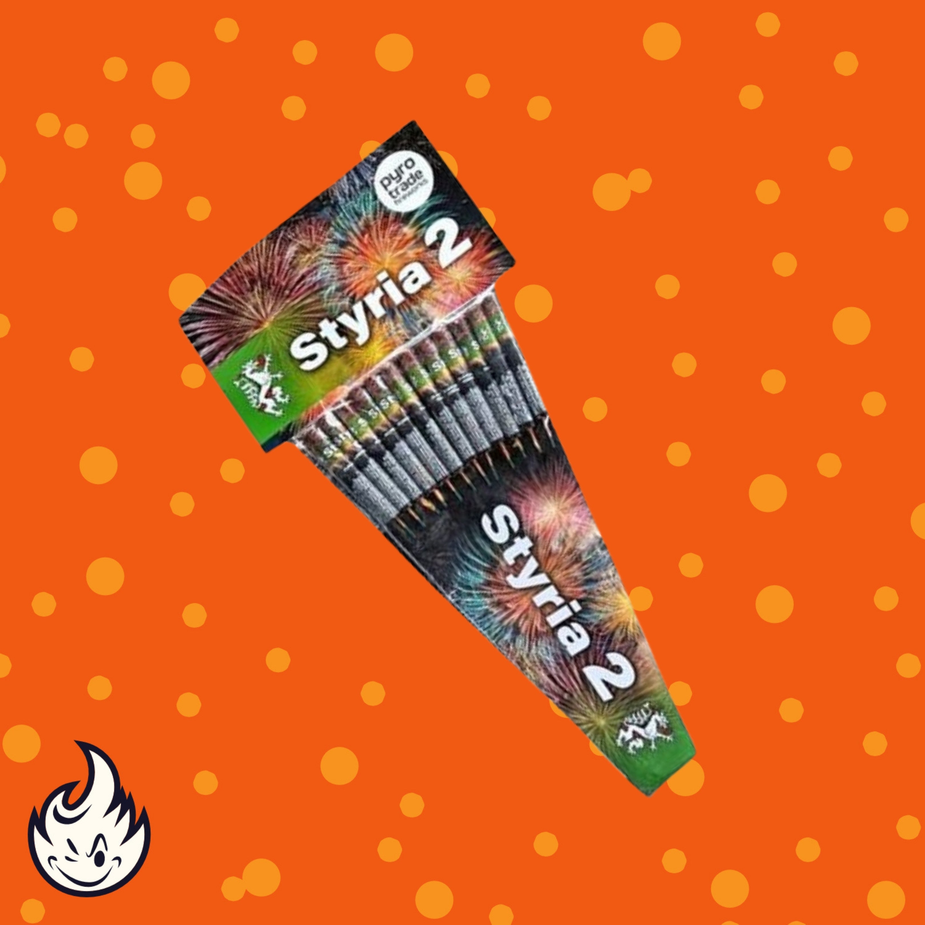 Eine 12er-Packung PGE Styria 2 Silvesterraketen von PGE Pyrotrade ist auf einem orangefarbenen Hintergrund mit gelben Punkten und einem kleinen weißen Flammensymbol in der unteren linken Ecke abgebildet.