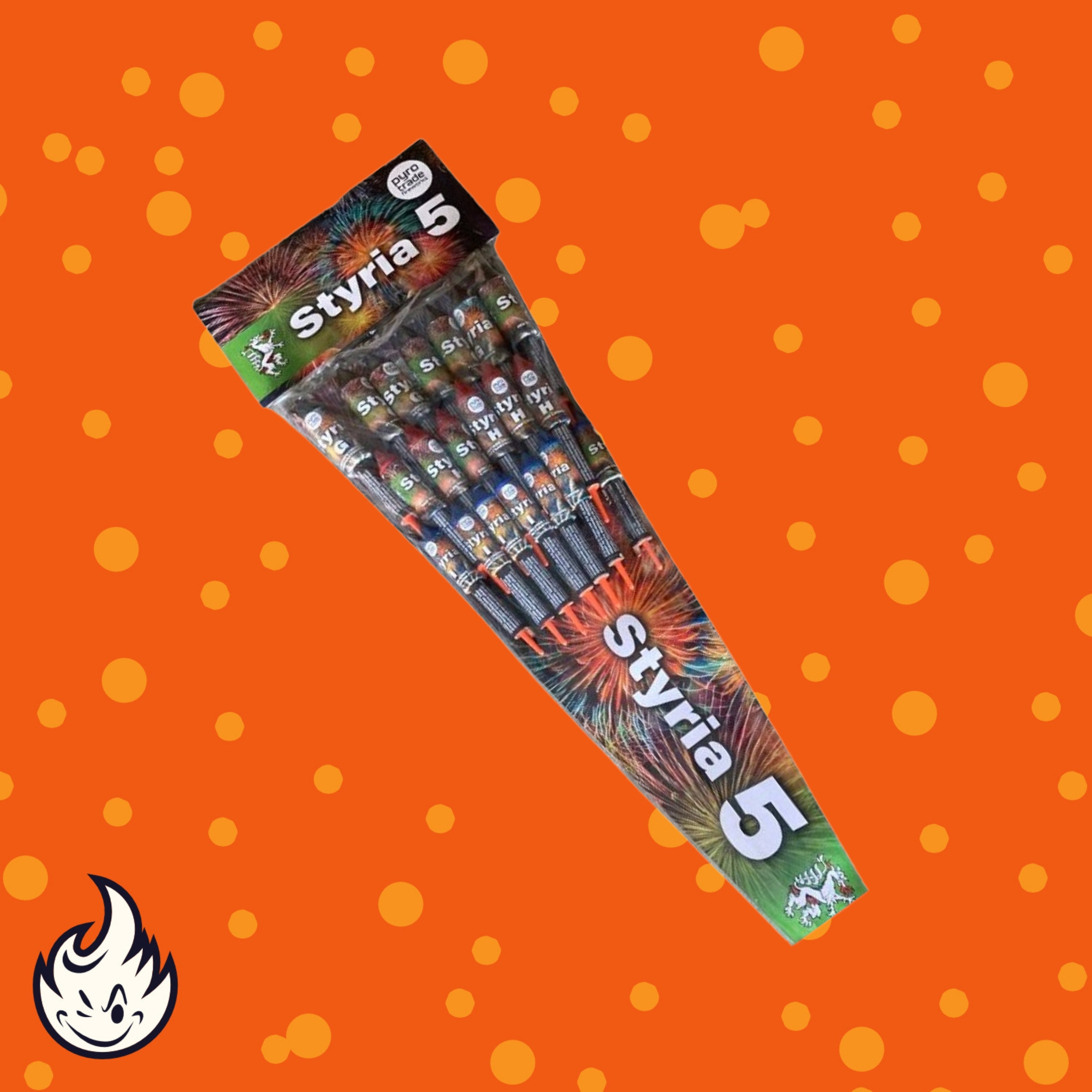 Eine 20er-Packung PGE Pyrotrade Styria 5 Silvesterraketen-Feuerwerksraketen in leuchtender Verpackung ist auf einem orangefarbenen Hintergrund mit gelben Punkten abgebildet und weist in der unteren linken Ecke ein kleines Flammenlogo auf.