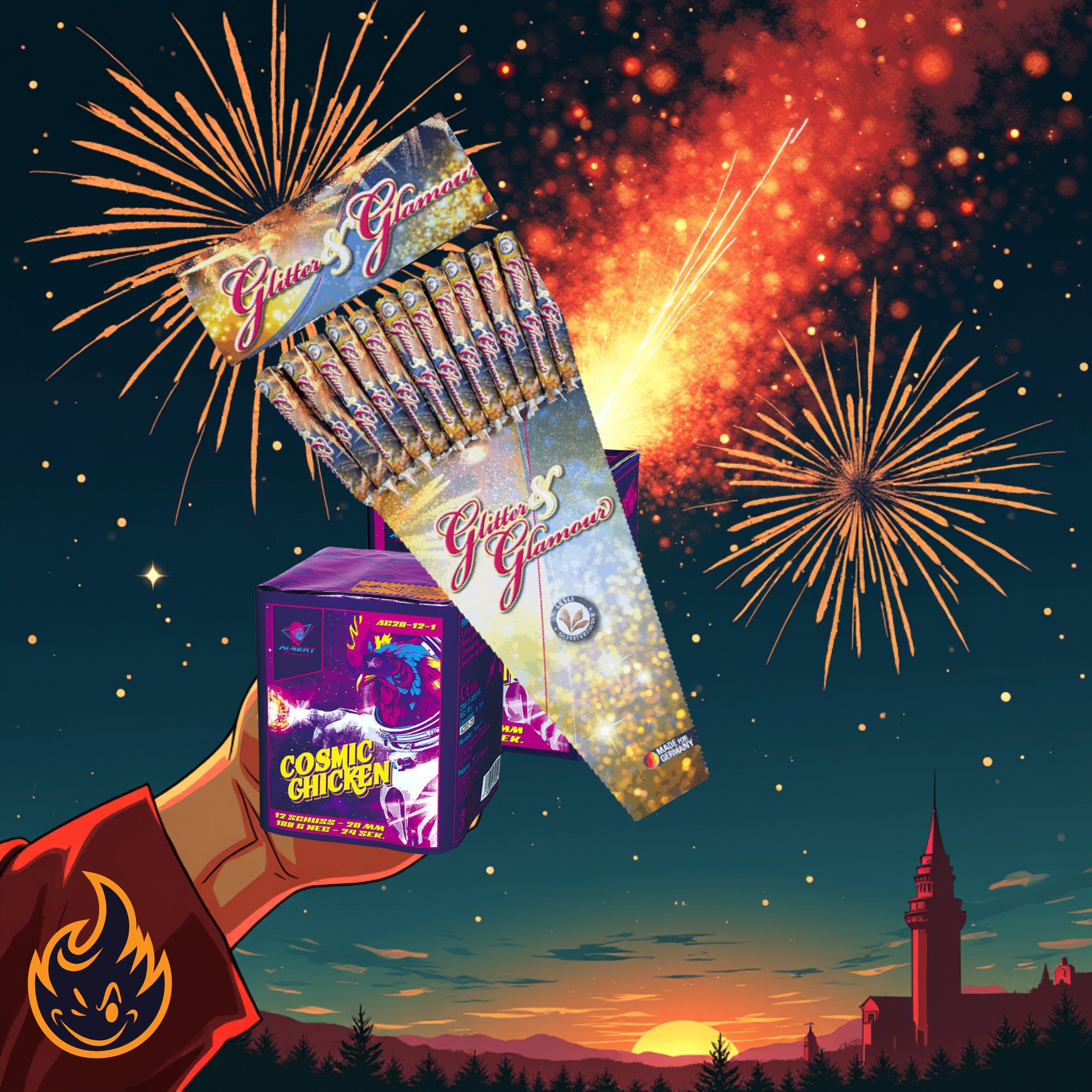 Eine behandschuhte Hand hält das #MONATSSPECIAL 🗓️ Cosmic Chicken + Glitter and Glamour Raketen vom FEUERWERK OUTLET vor einem Nachthimmel mit Feuerwerk, Baumsilhouetten und einem Gebäude im Hintergrund.