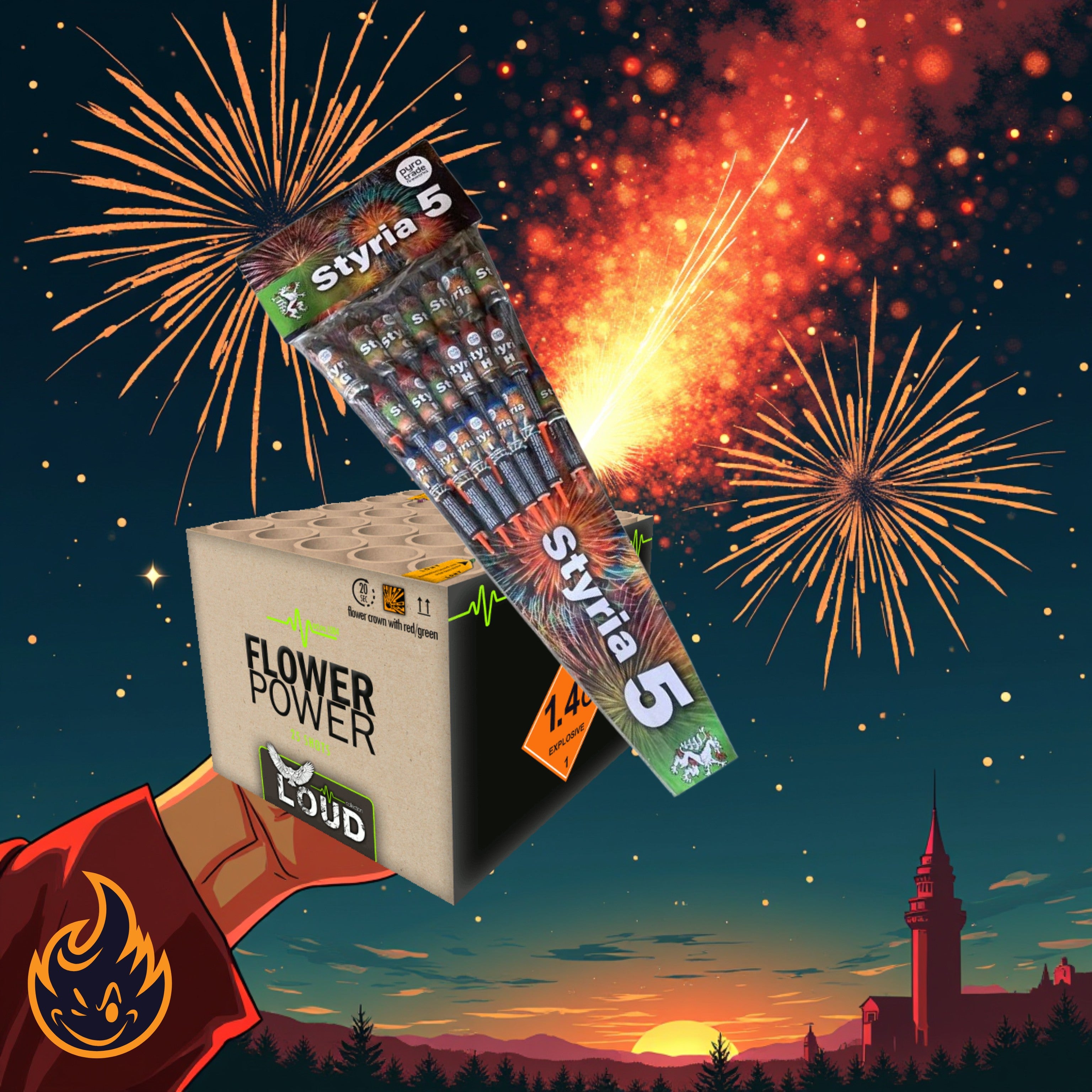 Eine Comic-Hand hält eine „#MONATSSPECIAL 🗓️ Flower Power + Styria 5 Raketen“-Box vom FEUERWERK OUTLET, mit farbenfrohen Feuerwerkskörpern, die nachts über einer Stadtsilhouette explodieren.