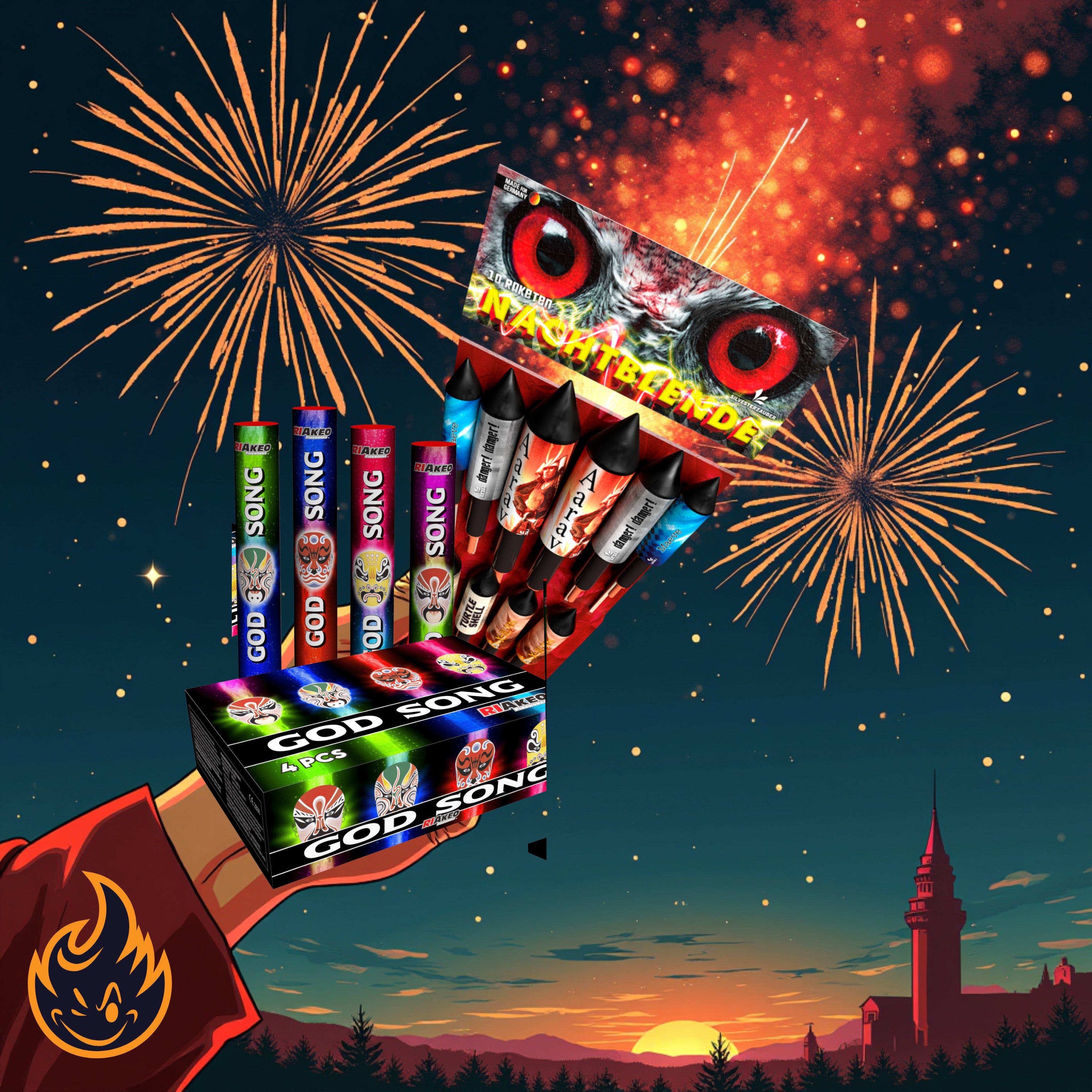 Eine Hand hält #MONATSSPECIAL 🗓️ God Song Bombenrohre + Nachtblende Raketen vom FEUERWERK OUTLET, mit buntem Feuerwerk, das über einer Stadtsilhouette vor dem Nachthimmel explodiert.
