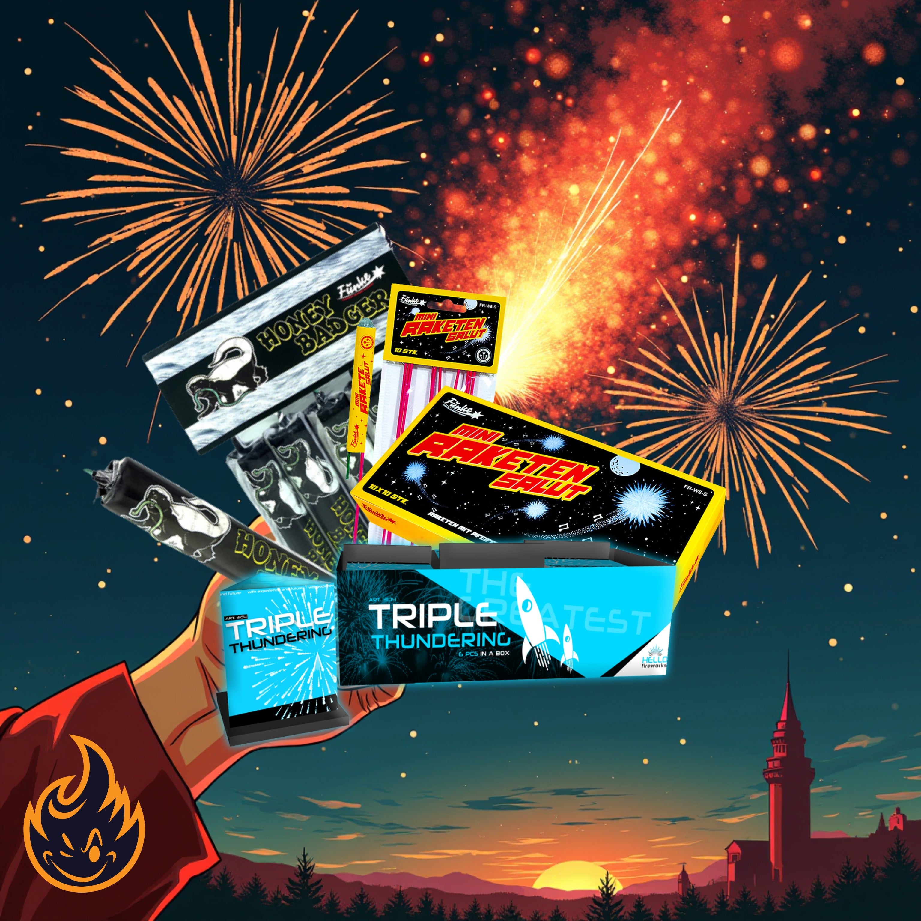 Eine Hand hält das #MONATSSPECIAL 🗓️ von FEUERWERK OUTLET – Honigdachs, Dreifacher Donnerkönig und Mini-Salut Raketen – mit einem Nachthimmel aus buntem Feuerwerk, orangefarbenen Wolken und der Silhouette eines Glockenturms und von Bäumen im Hintergrund.
