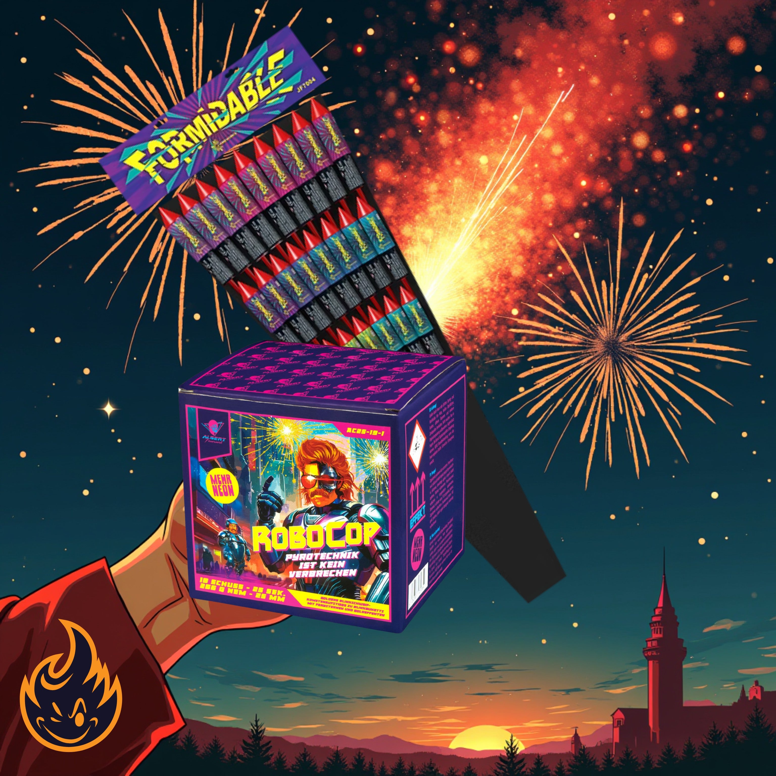 Eine Hand hält eine FEUERWERK OUTLET #MONATSSPECIAL 🗓️ Robocop + Formidable 24er Raketen-Box, während ein Feuerwerk in leuchtenden Farben über einem Wald explodiert und in den Abendhimmel ragt.