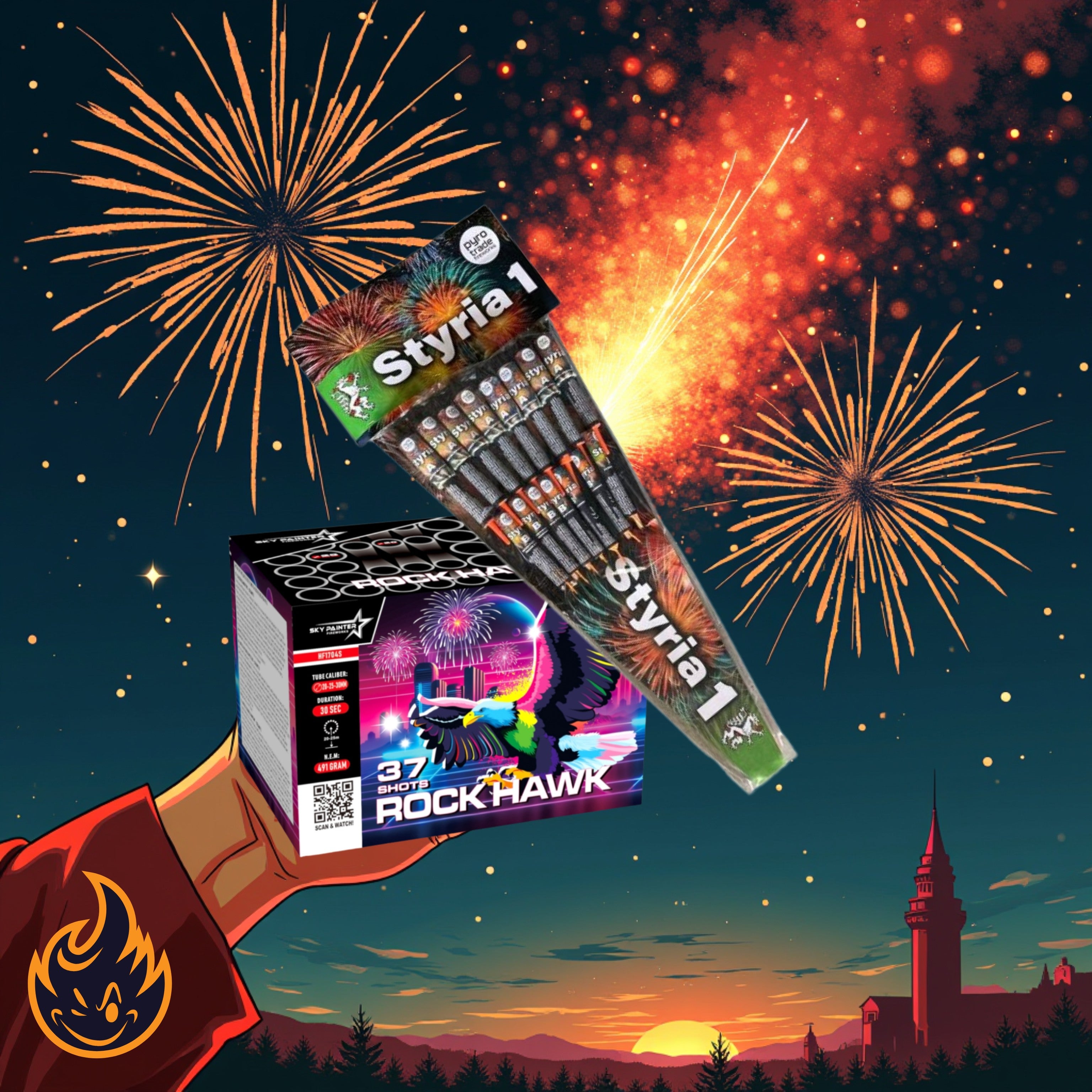 Eine Hand hält #MONATSSPECIAL 🗓️ Rock Hawk + Styria 1 Raketen von FEUERWERK OUTLET vor einem Nachthimmel mit buntem Feuerwerk und einer Stadtsilhouette.