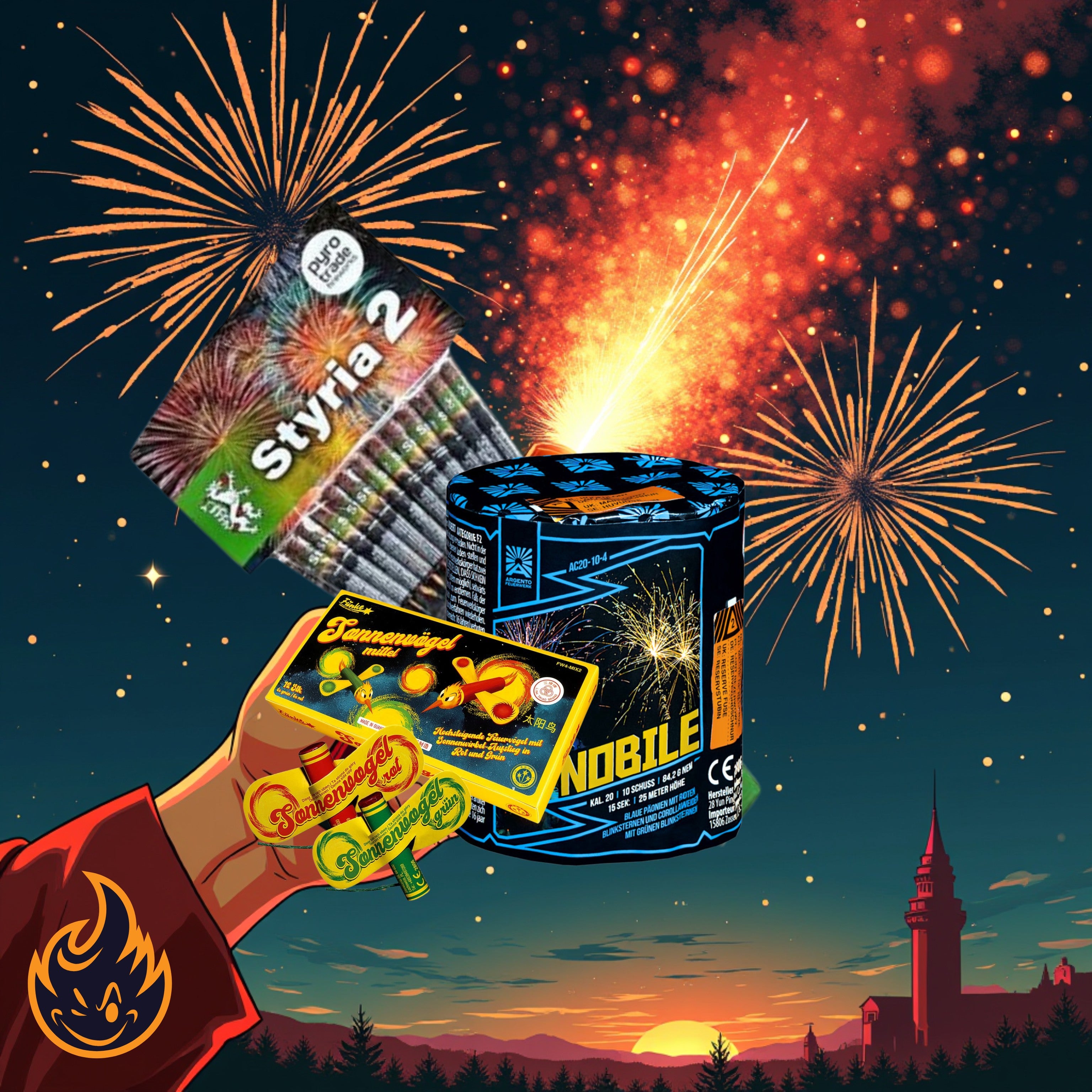 Eine Cartoon-Hand hält #MONATSSPECIAL 🗓️ Sonnenvögel Mittel 12er + Nobile + Styria 2 Raketen von FEUERWERK OUTLET, mit farbenfrohen Feuerwerkskörpern, die nachts über einer Silhouette einer Stadt und einem Turm explodieren.