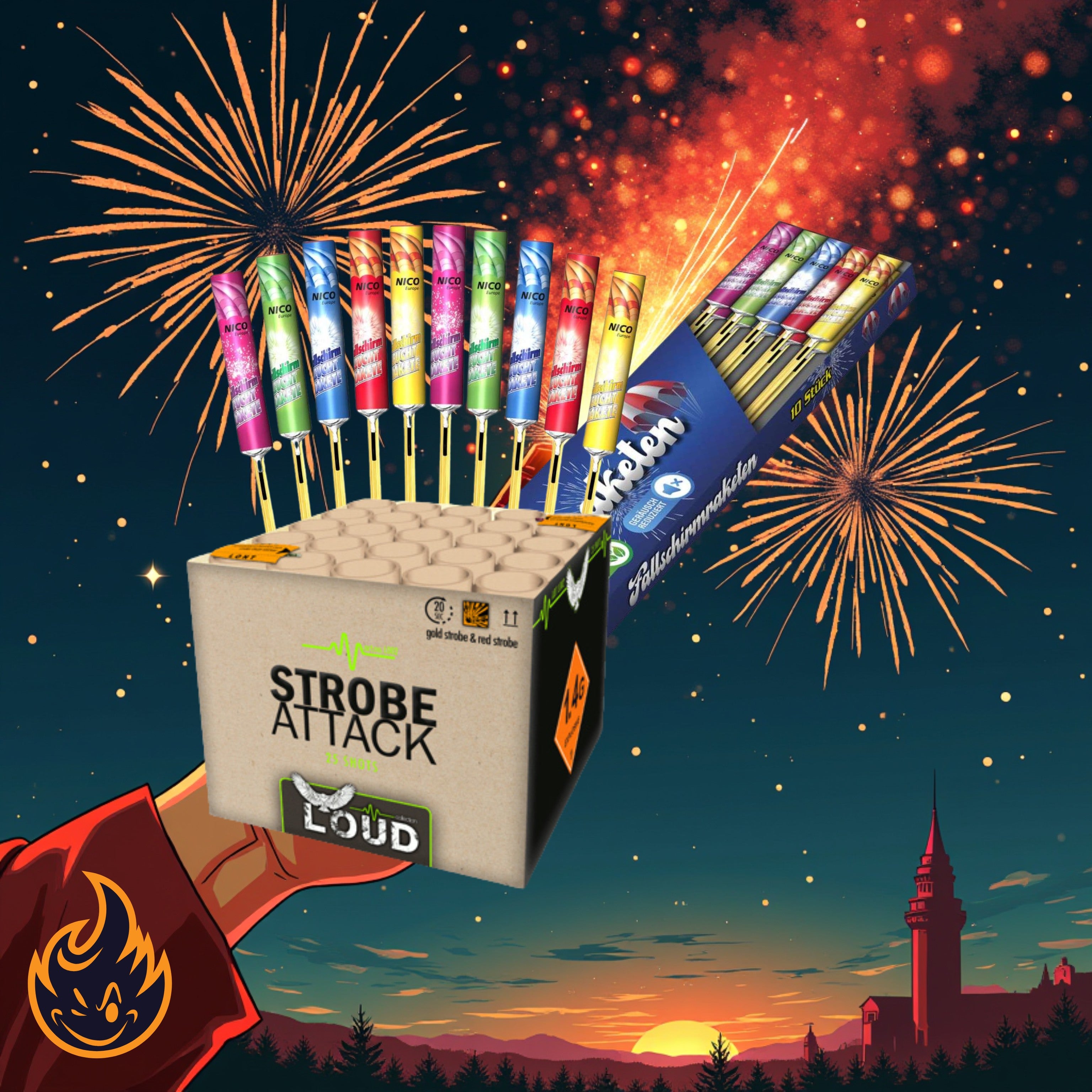 Eine Illustration im Cartoon-Stil zeigt eine Hand, die eine Schachtel mit der Aufschrift „#MONATSSPECIAL 🗓️ Strobe Attack + Fallschirmraketen 10er“ von FEUERWERK OUTLET hält, mit bunten Raketen, Feuerwerk am Nachthimmel und der Silhouette einer Stadtsilhouette.