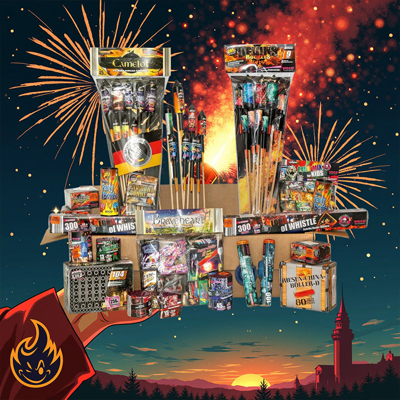 Das #MONATSSPECIAL 🗓️ WECO Überraschungspaket XL 2025 von Weco bietet verschiedene Feuerwerke vor einem leuchtenden Sonnenuntergang und der Skyline einer Stadt, voller bunter Raketen, Fontänen und Boxen für ein unvergessliches Spektakel.