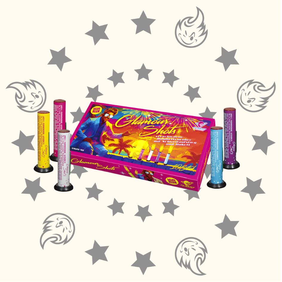 Eine bunte Schachtel mit der Aufschrift "Albert Glamour Shots Bombenrohre" von Albert, umgeben von fünf Neonröhren, auf einem beigen Hintergrund mit grauen Sternen und Flammensymbolen.