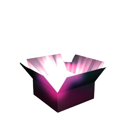 Eine leuchtende, teilweise geöffnete Box mit lila-rosa Farbverlauf strahlt helles Licht aus und funkelt - genau wie der Mystery Deal 3x 25sh Cakes von FEUERWERK OUTLET - vor einem weißen Hintergrund, perfekt für jeden BlackWeek DEAL.