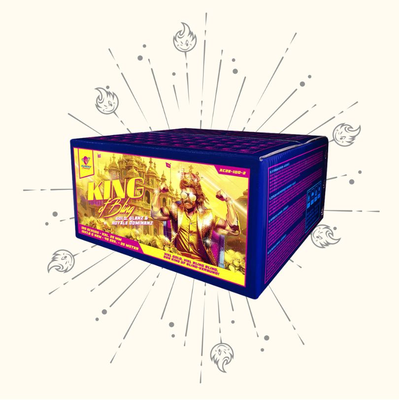 Eine kühne lila-gelbe Schachtel mit der Aufschrift "Albert King of Bling 100sh" von Albert, mit einem illustrierten König, der ein Feuerwerk inmitten eines lebhaften, cartoonhaften Hintergrunds aus Flammen und leuchtenden Linien hält, präsentiert dieses eindrucksvolle Feuerwerk.