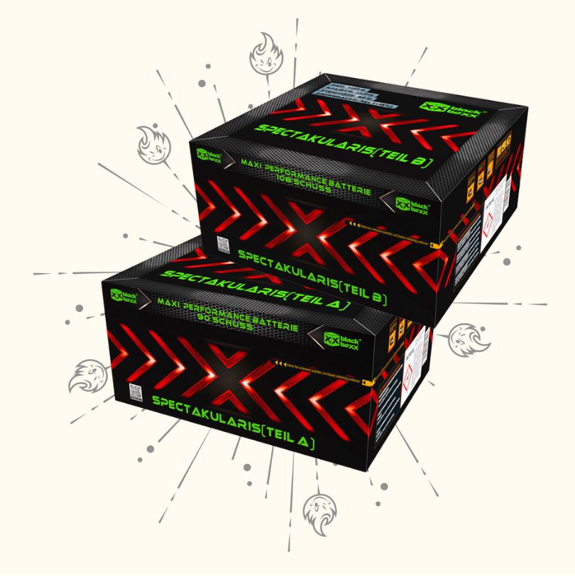 Zwei Blackboxx Spectakularis No.3 A|B Showbox 198sh Boxen sind auf einem hellen Hintergrund mit dekorativen Linien und Flammensymbolen gestapelt und sorgen für sichere Zündung bei Ihrem nächsten Feuerwerk.