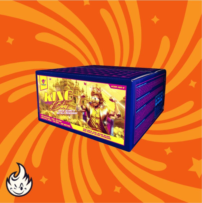 Ein leuchtend orangefarbener Hintergrund mit Feuerwerk präsentiert die Albert "Albert King of Bling 100sh" Box von Albert, die einen gekrönten Mann in Gold zeigt. In der Ecke erscheint ein weißes Flammensymbol.