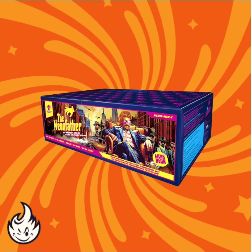 Eine leuchtende Schachtel mit der Aufschrift "Albert The Neonfather" von Albert zeigt eine illustrierte Figur im Mafia-Stil auf einem Stuhl, kräftige orangefarbene Wirbel im Hintergrund und ein weißes Flammensymbol unten links.