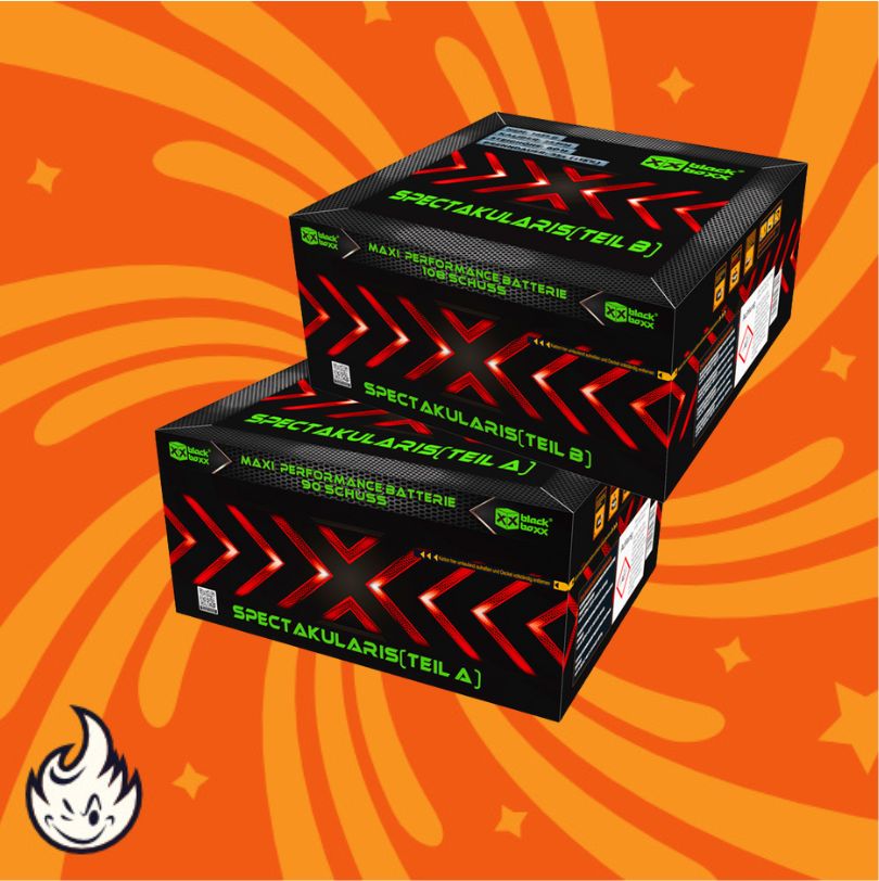 Zwei schwarze Boxen mit der Aufschrift "Spectakularis No.3 A|B Showbox 198sh" von Blackboxx, mit roten und grünen Akzenten, sind auf einem orangen Hintergrund mit Wirbeln, Sternen und einem weißen Flammensymbol für sichere Zündung gestapelt.