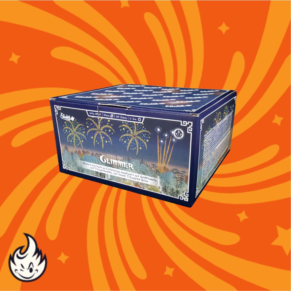 Eine blaue Funke Glimmer F2 Cakebox mit goldenem Feuerwerk auf dem Etikett. Auf dem orangefarbenen Hintergrund sind wirbelnde Muster und Sterne zu sehen, mit einem weißen Flammen-Cartoon-Logo in der unteren linken Ecke. Marke: Funke.