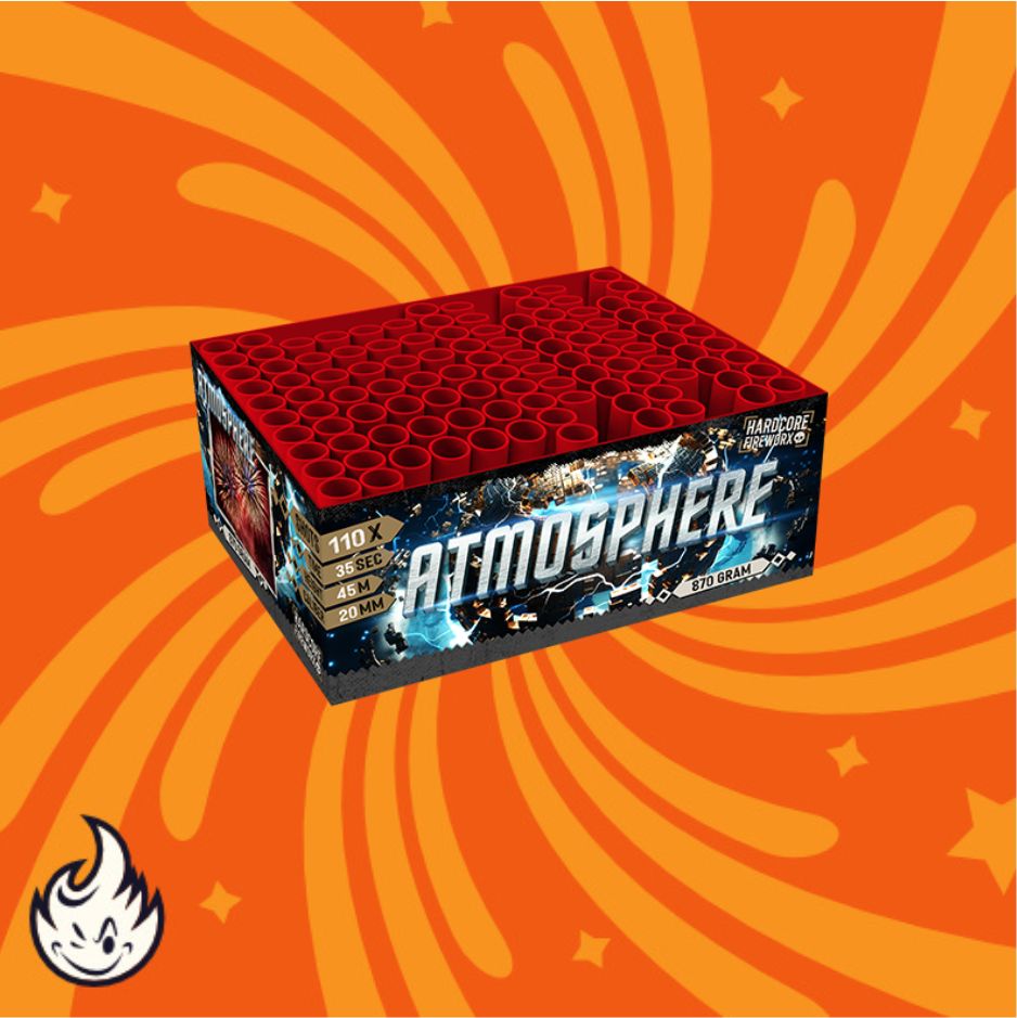 Rubro Atmosphere 110sh rechteckige Feuerwerksdose von Rubro mit mehreren roten Röhren an der Oberseite, blauen und schwarzen Grafiken vor einem orangefarbenen Hintergrund mit wirbelnden Mustern und einem kleinen Flammensymbol.