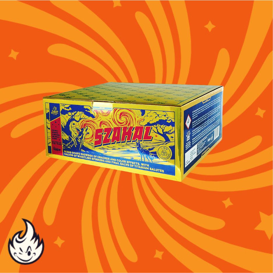 Eine leuchtende Schachtel mit der Aufschrift "Iskra Szakal Verbundfeuerwerk 99sh" von Iskra steht vor einem orangefarbenen Hintergrund mit gelben Strudeln und zeigt auffällige gelbe, blaue und rote Grafiken, die vermuten lassen, dass sie Feuerwerk enthält.