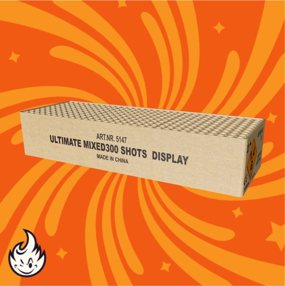 Eine rechteckige Magnum-Feuerwerksdose mit der Aufschrift "Magnum 300 Shots Ultimate Mixed Display Verbundfeuerwerk" steht vor einem orangefarbenen Hintergrund mit wirbelnden gelben Mustern und einem kleinen Flammensymbol in der Ecke.