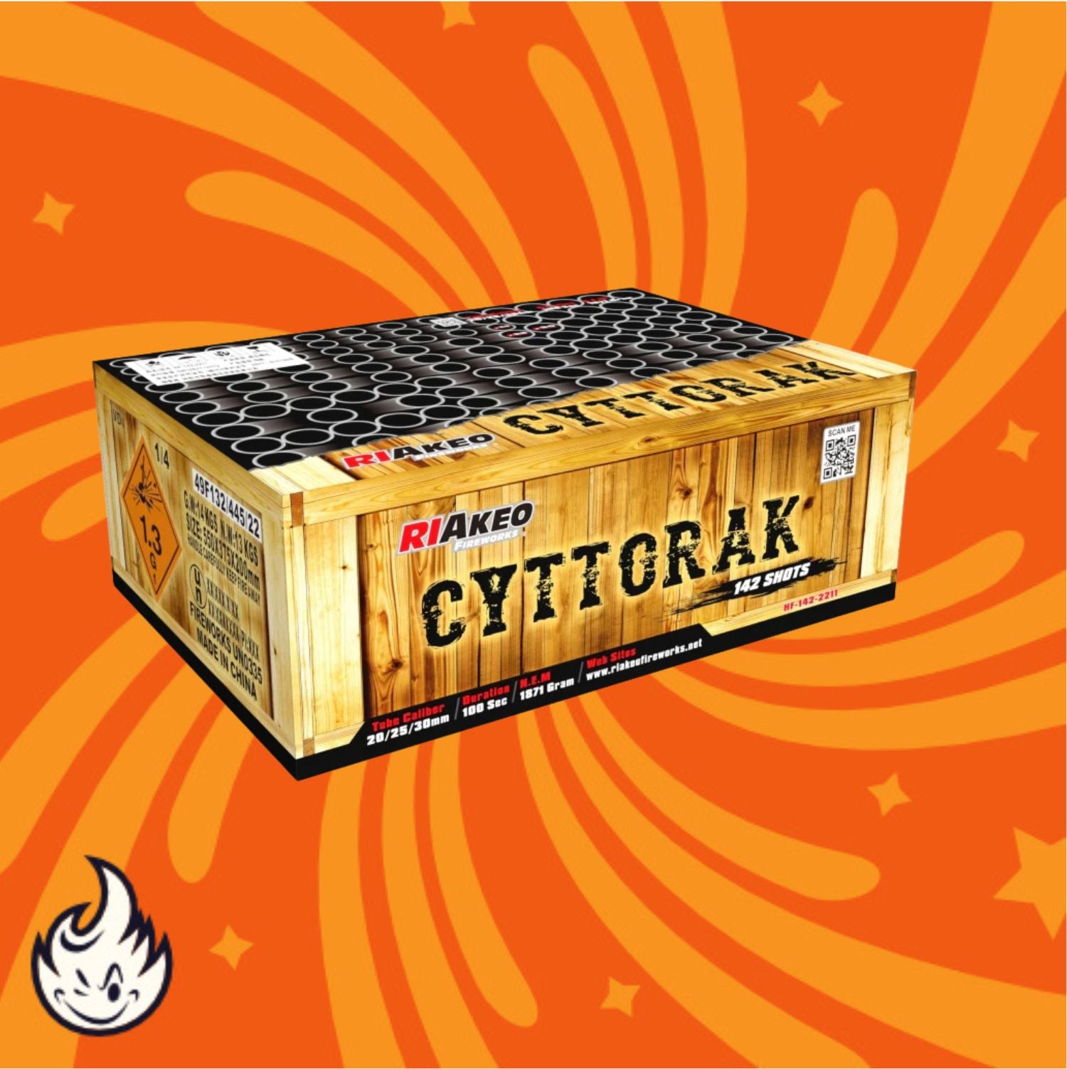 Eine rechteckige Schachtel mit Riakeo Cyttorak-Feuerwerkskörpern von RIAkeo (143 Schuss) steht vor einem orangefarbenen Hintergrund mit gelben wirbelnden Mustern und einem kleinen weißen Flammensymbol in der Ecke.