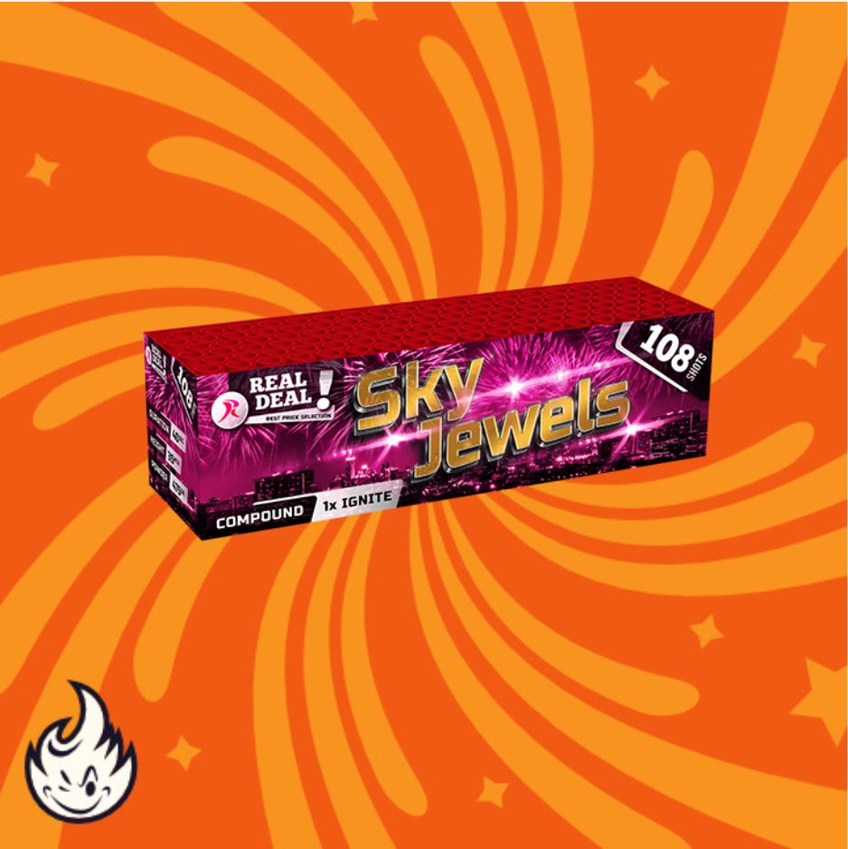 Eine rechteckige Schachtel mit Rubro Sky Jewels | REAL DEAL! Feuerwerkskörpern von Rubro ist auf einem orangefarbenen Hintergrund mit wirbelnden gelben Mustern abgebildet, mit Feuerwerksgrafiken, "108 shots" in Fettdruck und einem Flammenlogo unten links.