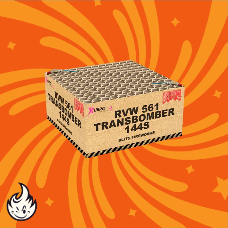 Eine Schachtel mit der Aufschrift "Rubro Transbomber Blits 144sh" von Rubro steht auf einem orangefarbenen Hintergrund mit gelben Wirbel- und Sternmustern und einem Flammensymbol in der unteren linken Ecke.