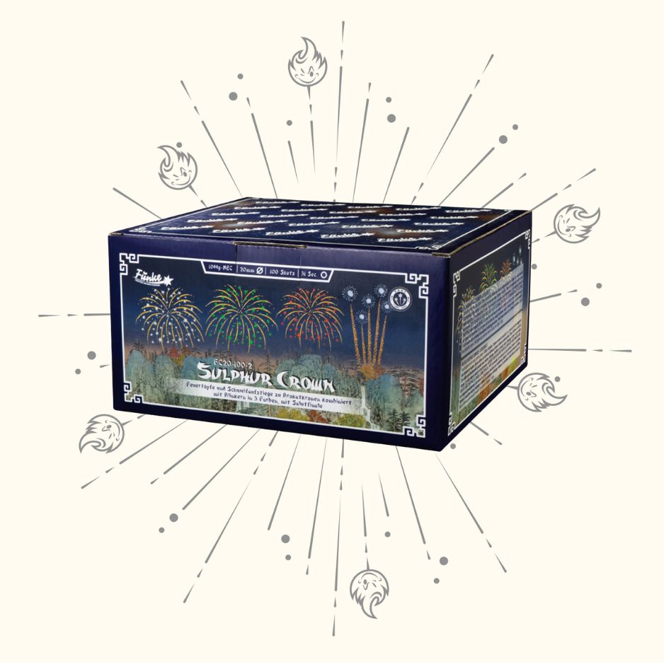 Eine Funke Sulphur Crown F2 Cakebox ist vor einem hellen Hintergrund mit illustrierten Feuerwerks- und Funkenmustern abgebildet, mit lebendigen Bildern von Feuerwerken und Stadtlandschaften auf der Verpackung.